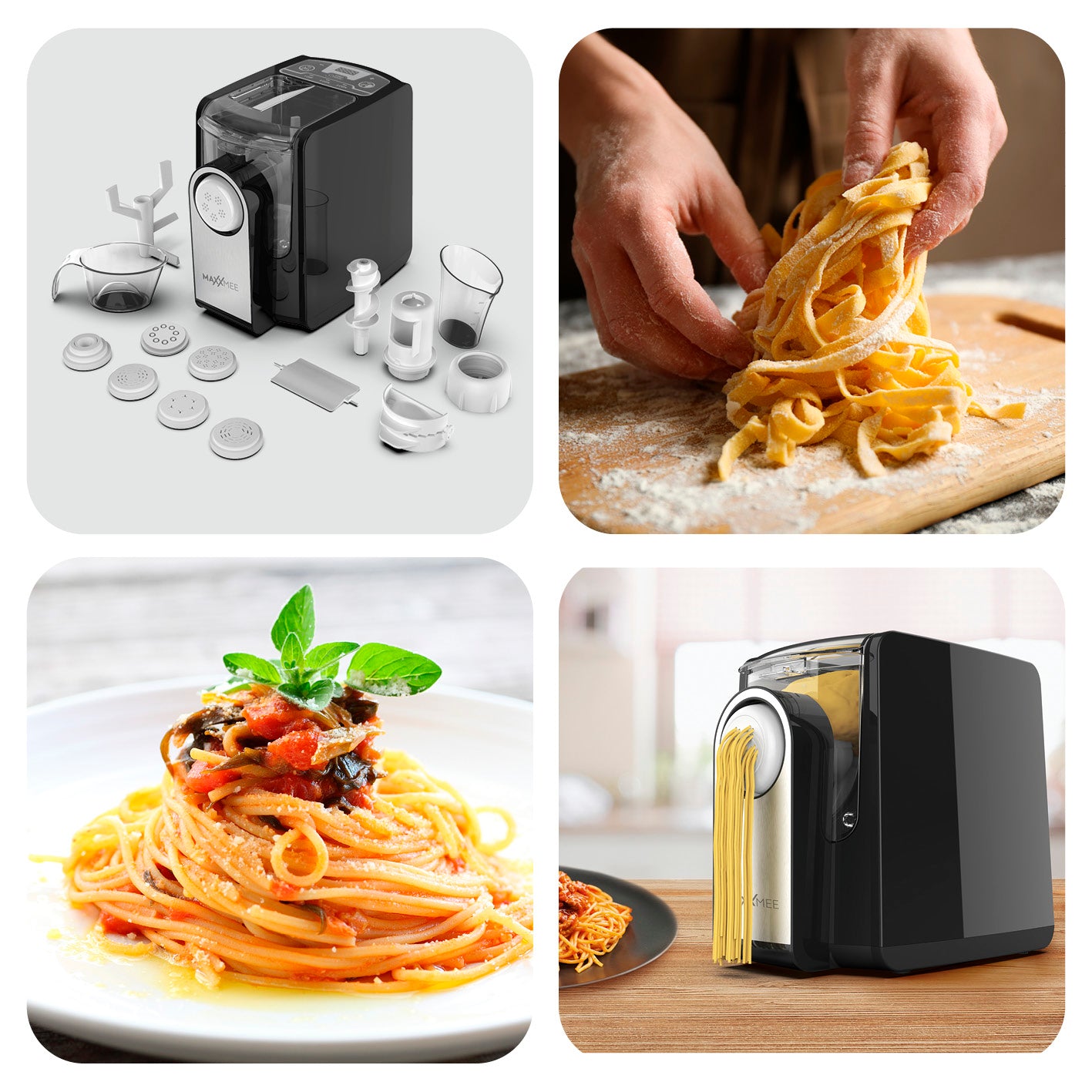 Pasta Maker mit 7 Formscheiben zur Herstellung verschiedener Pastasorten, inkl. digitalem Bedienfeld und leicht zu reinigenden Teilen.