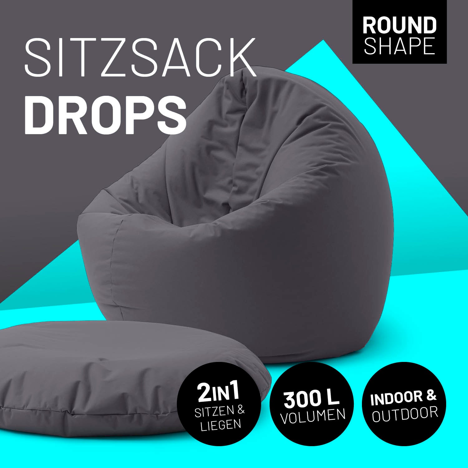 Sitzsack Drops (300 L) - indoor & outdoor - Anthrazit, runde Form, vielseitig zum Sitzen und Liegen drinnen und draußen.