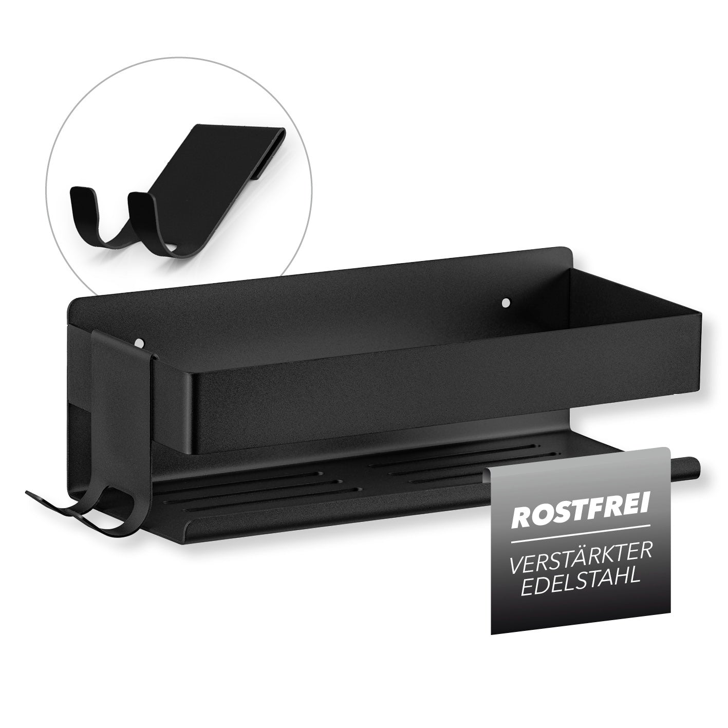 Dusch-Organizer zum Kleben oder Bohren - Schwarz, rostfreier Edelstahl, mit Hakenleiste und optimalem Wasserablauf, platzsparend und robust.