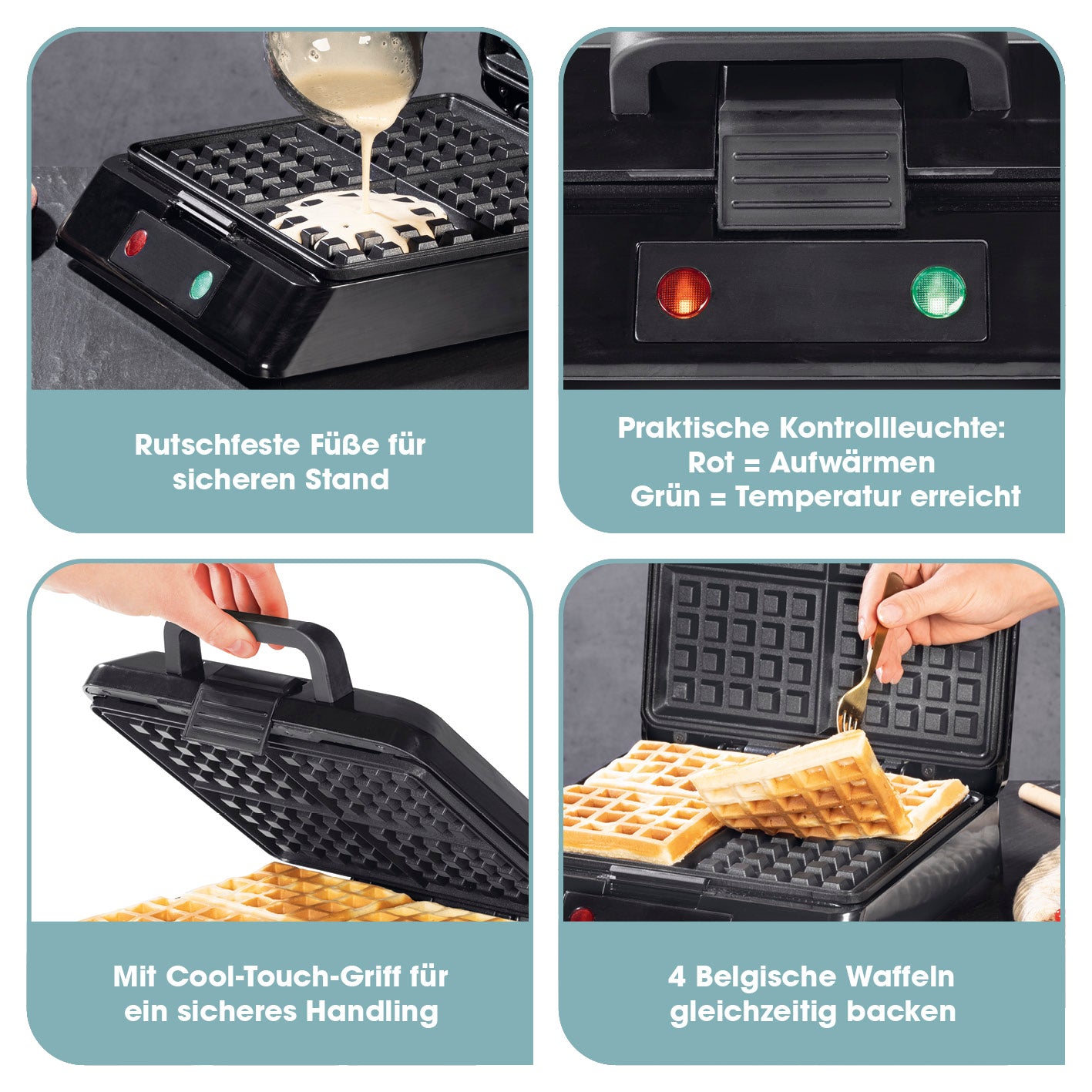 Waffeleisen für Belgische Waffeln mit Antihaftbeschichtung, Cool-Touch-Griff, rutschfesten Füßen und stufenlos einstellbarem Bräunungsgrad.