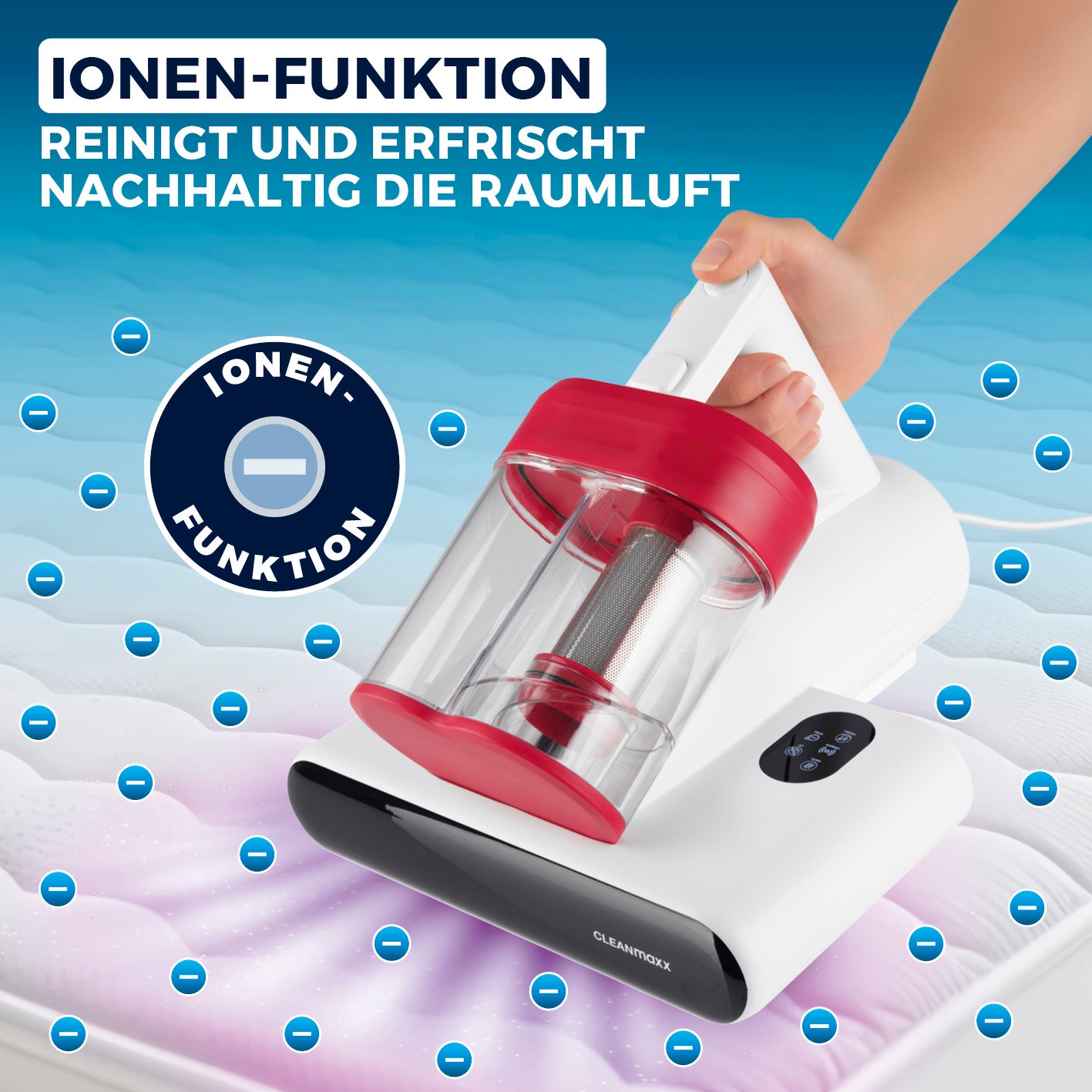 Milbensauger Rotation Rot/Weiß mit Ionen-Funktion für nachhaltige Reinigung und Frische von textilen Oberflächen.
