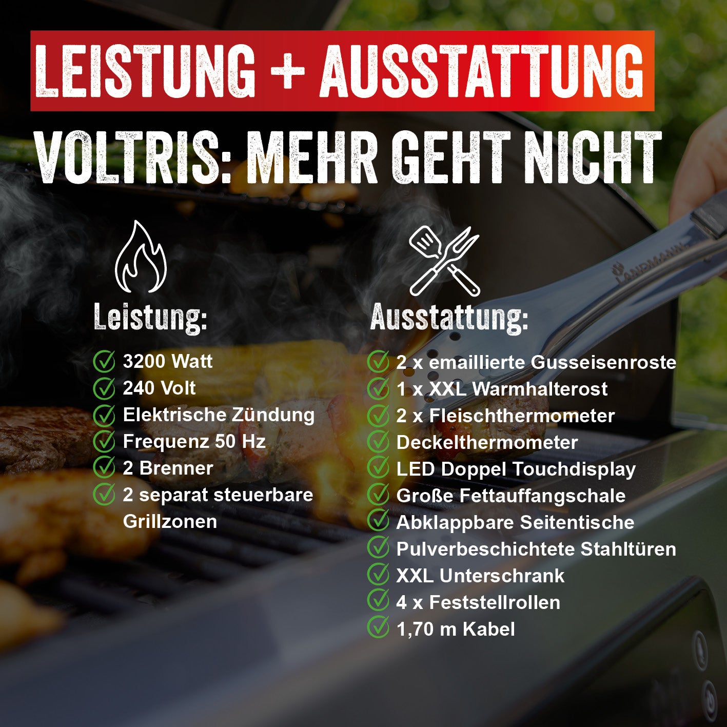 VOLTRIS Elektro-Grillwagen - Edelstahl mit 2 Grillzonen, Gusseisenrosten, Fleischthermometern und Touchdisplay, bis 300 °C, ohne Gas oder Kohle.