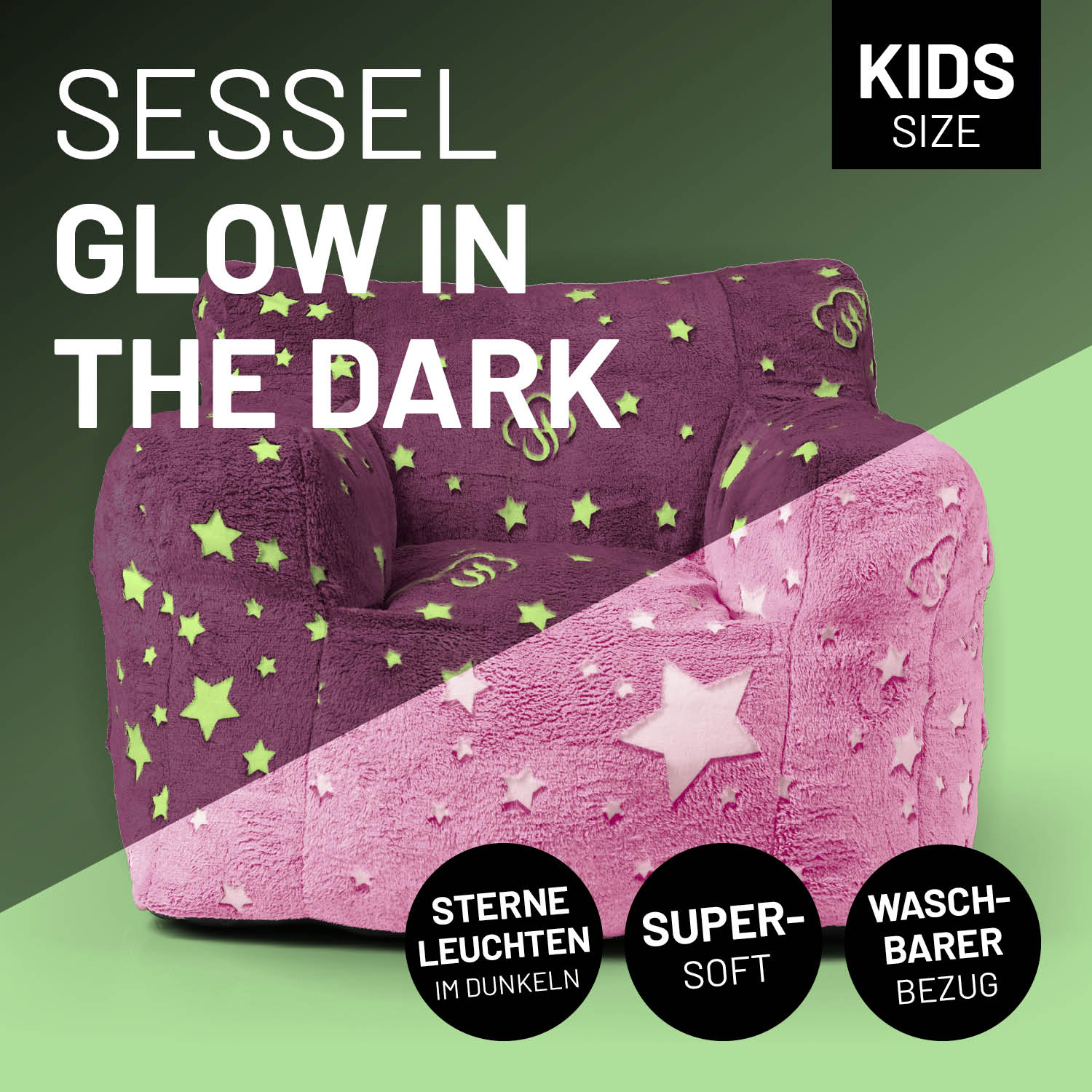 Sessel „Glow in the Dark“ - Pink mit leuchtendem Sternen-Design, superweich, waschbarer Bezug, perfekt für Kinderzimmer.