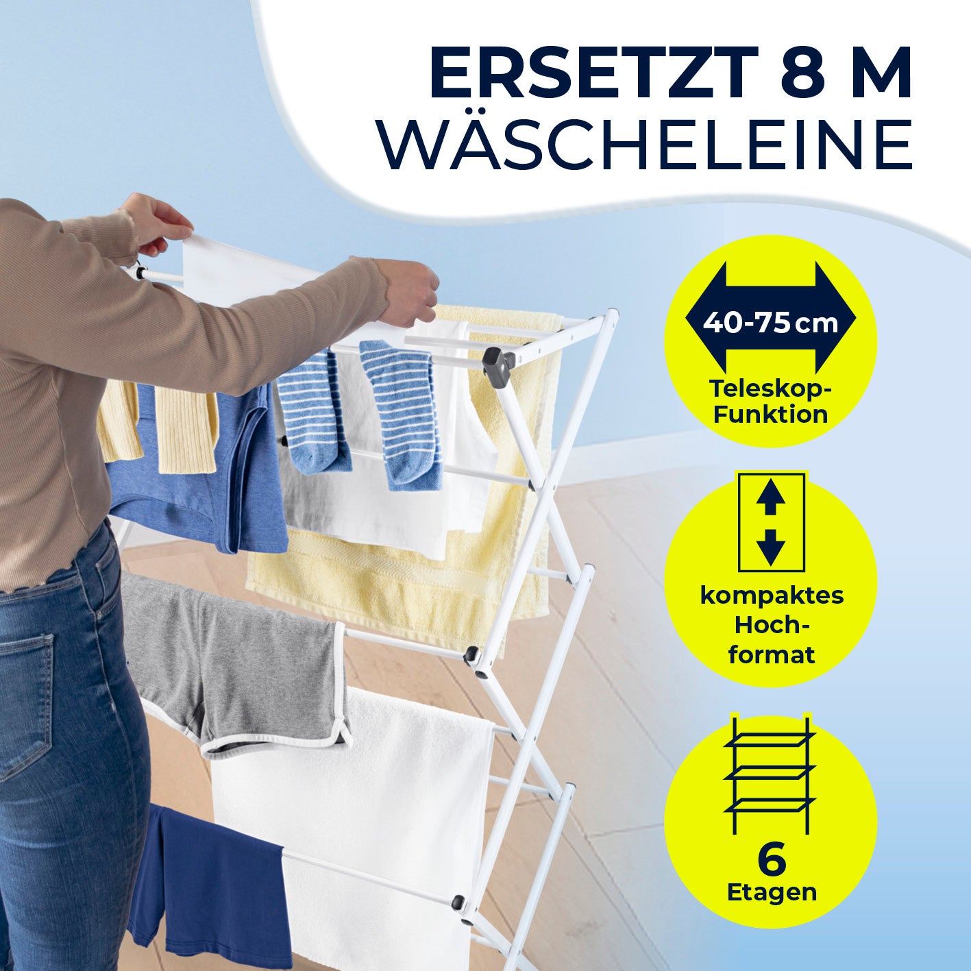 Teleskop-Wäscheständer 800 mit 6 Etagen, teleskopisch verstellbar, platzsparend und für bis zu 10 kg Wäsche geeignet.