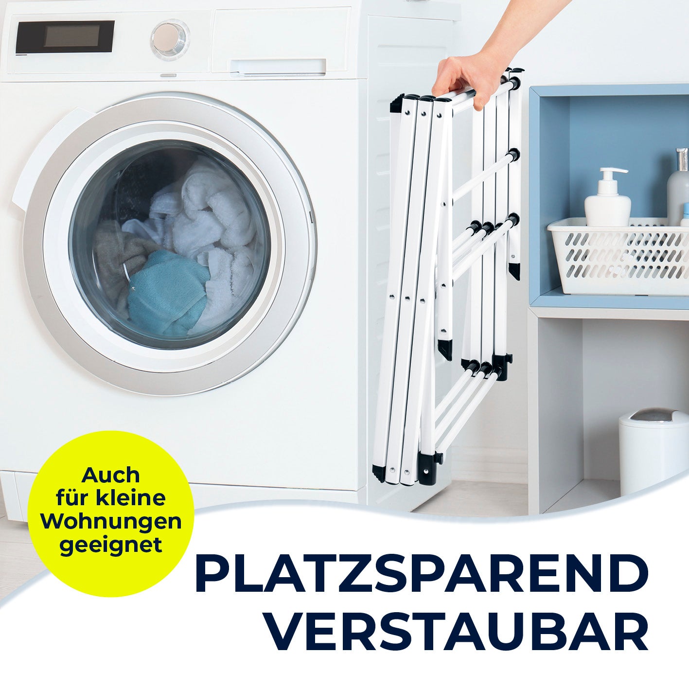 Teleskop-Wäscheständer 800 kompakt klappbar platzsparend für kleine Wohnungen mit stabilem Stahlrahmen und 6 Trockenebenen.