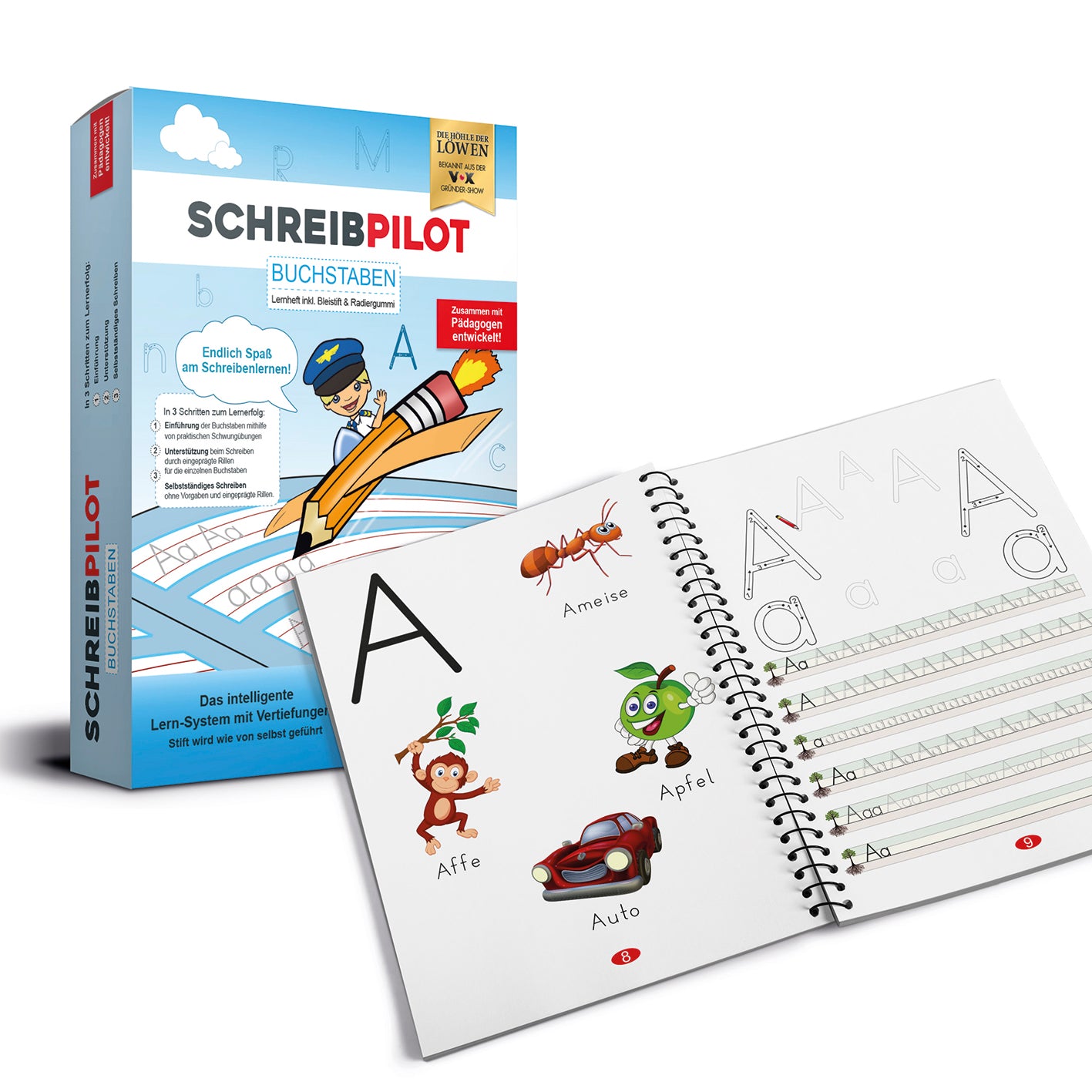 Heft Buchstaben mit Bleistift/Radiergummi - DIN-A4 Lernsystem mit Rillen, Schwungübungen und kindgerechten Anlaut-Illustrationen für flüssiges Schreiben.
