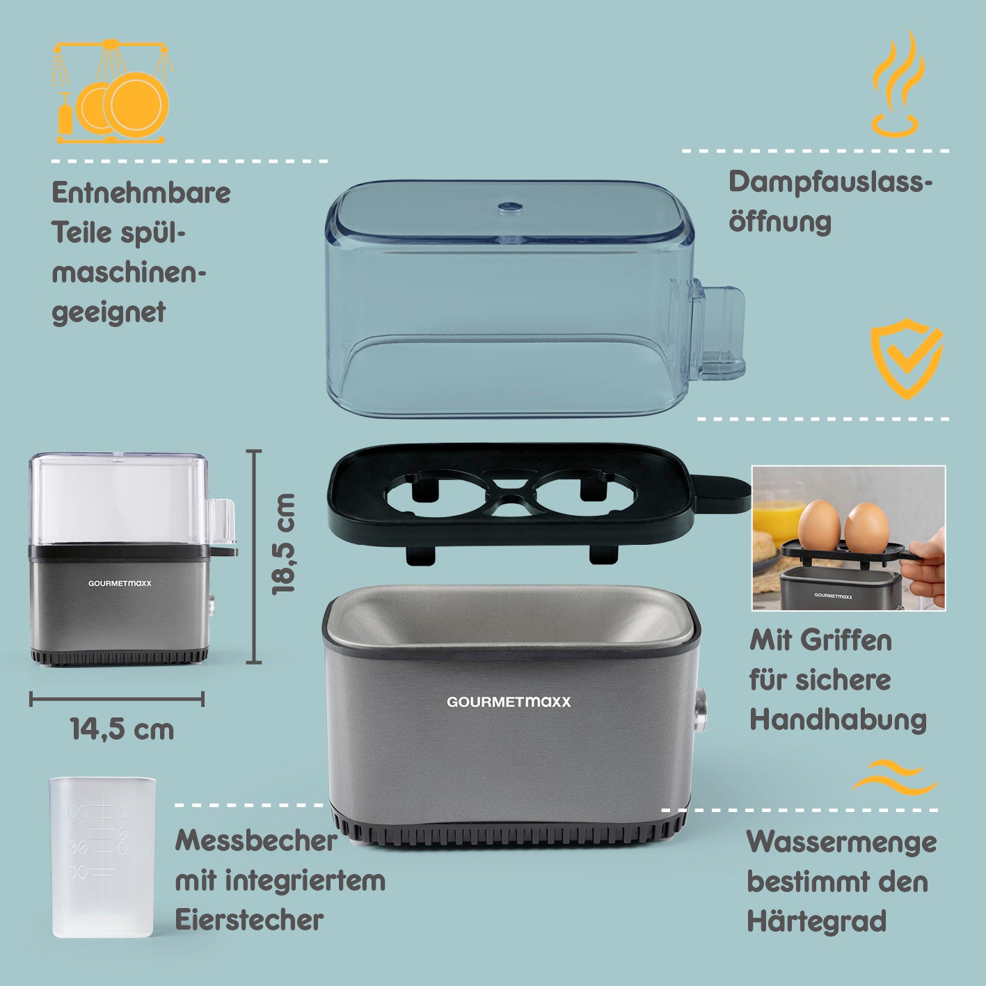 Design-Eierkocher 2 Eier - Anthrazit mit abnehmbaren Teilen, Messbecher, Eierstecher und Dampföffnung für perfekte Eier.
