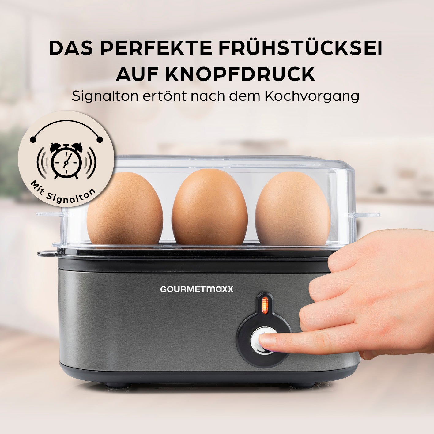 Design-Eierkocher 3 Eier - Anthrazit mit Signalton, perfektes Eierkochen per Knopfdruck, drei Eier gleichzeitig zubereiten.