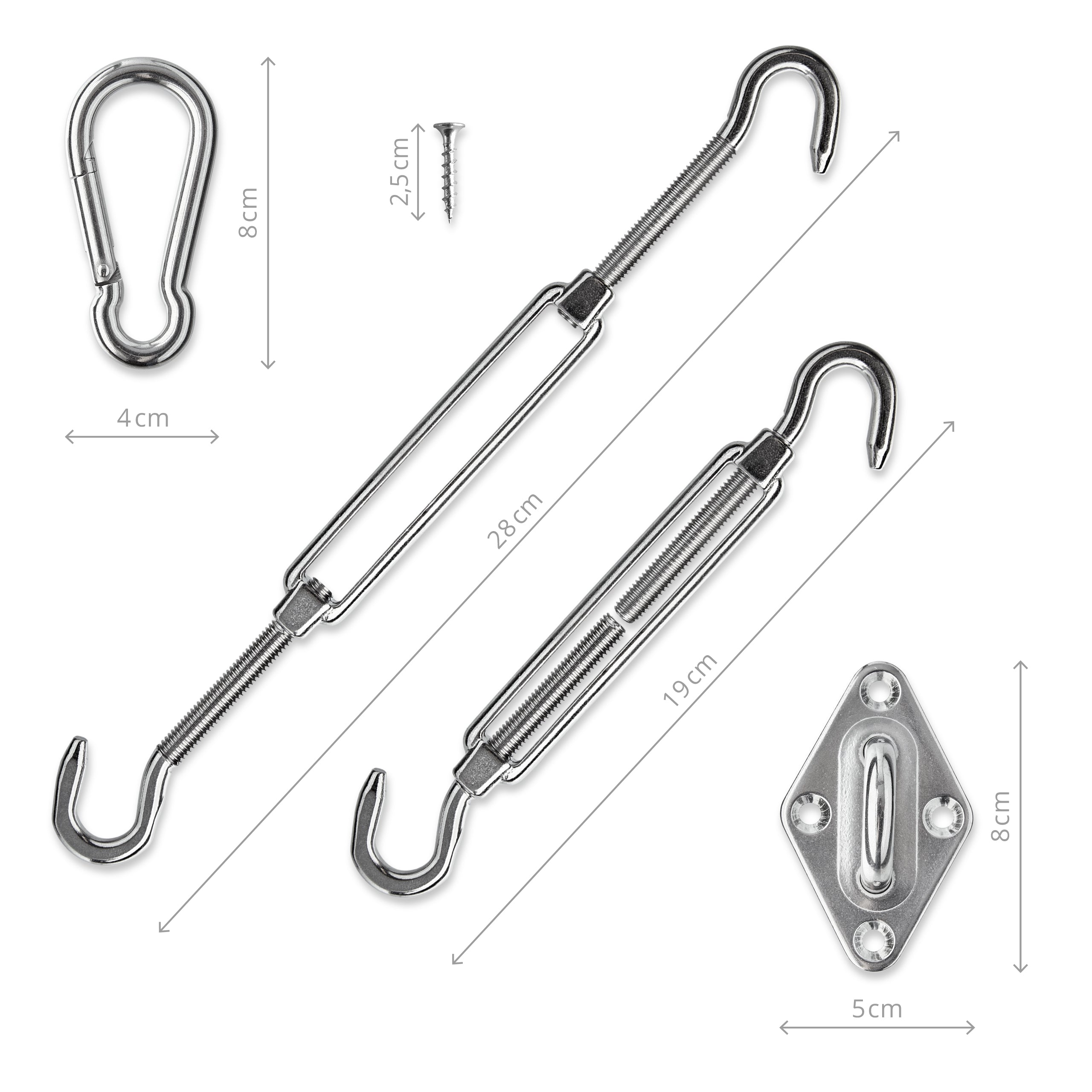 Befestigungsset - Fixierungsset für Sonnensegel aus rostfreiem Edelstahl mit Karabiner, Spannschlössern und Wandhalterungen.