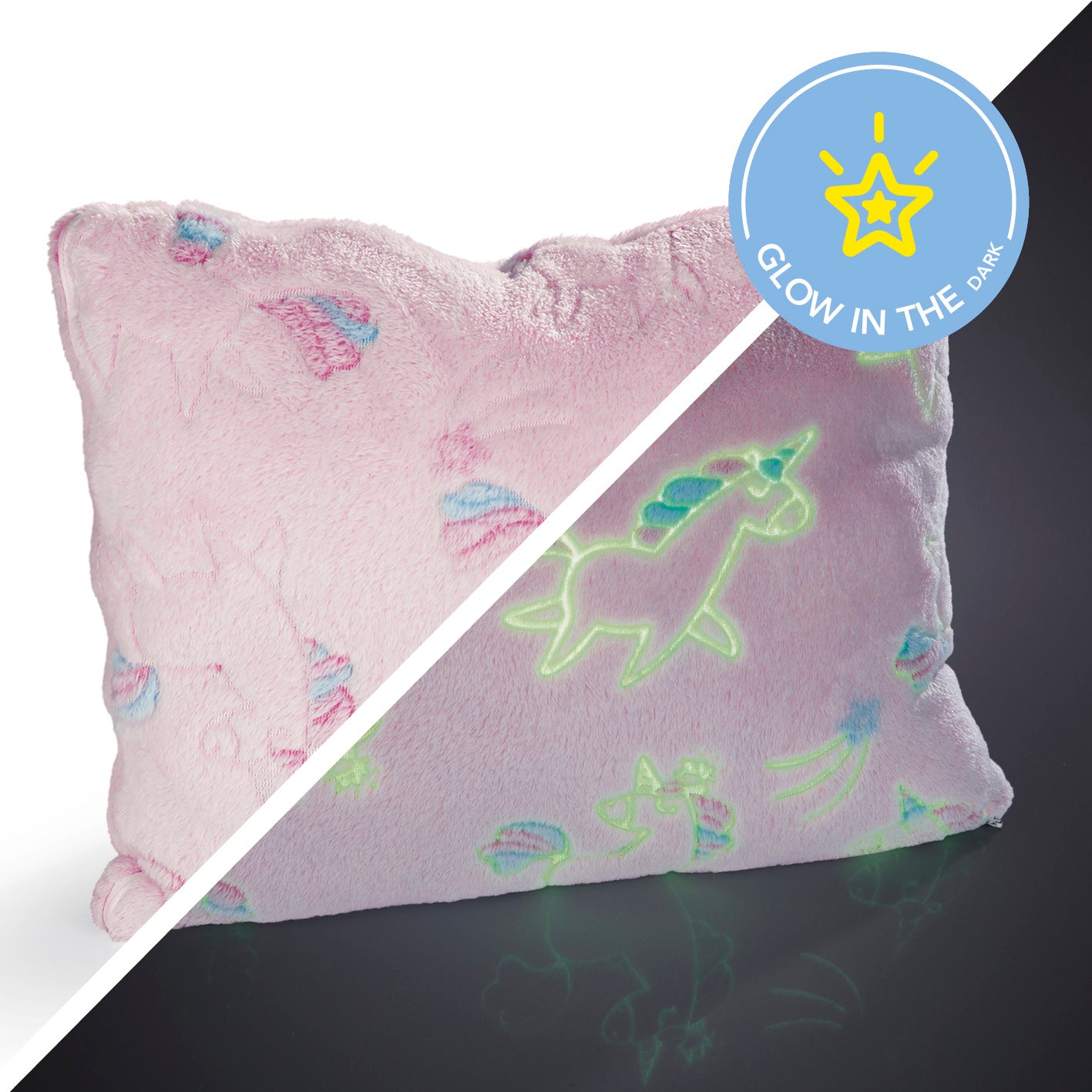 Verwandlungskissen Glow in the dark - Kuschelkissen & Kuscheldecke - Einhorn mit leuchtenden Sternen im Dunkeln aus weichem Flanell-Fleece