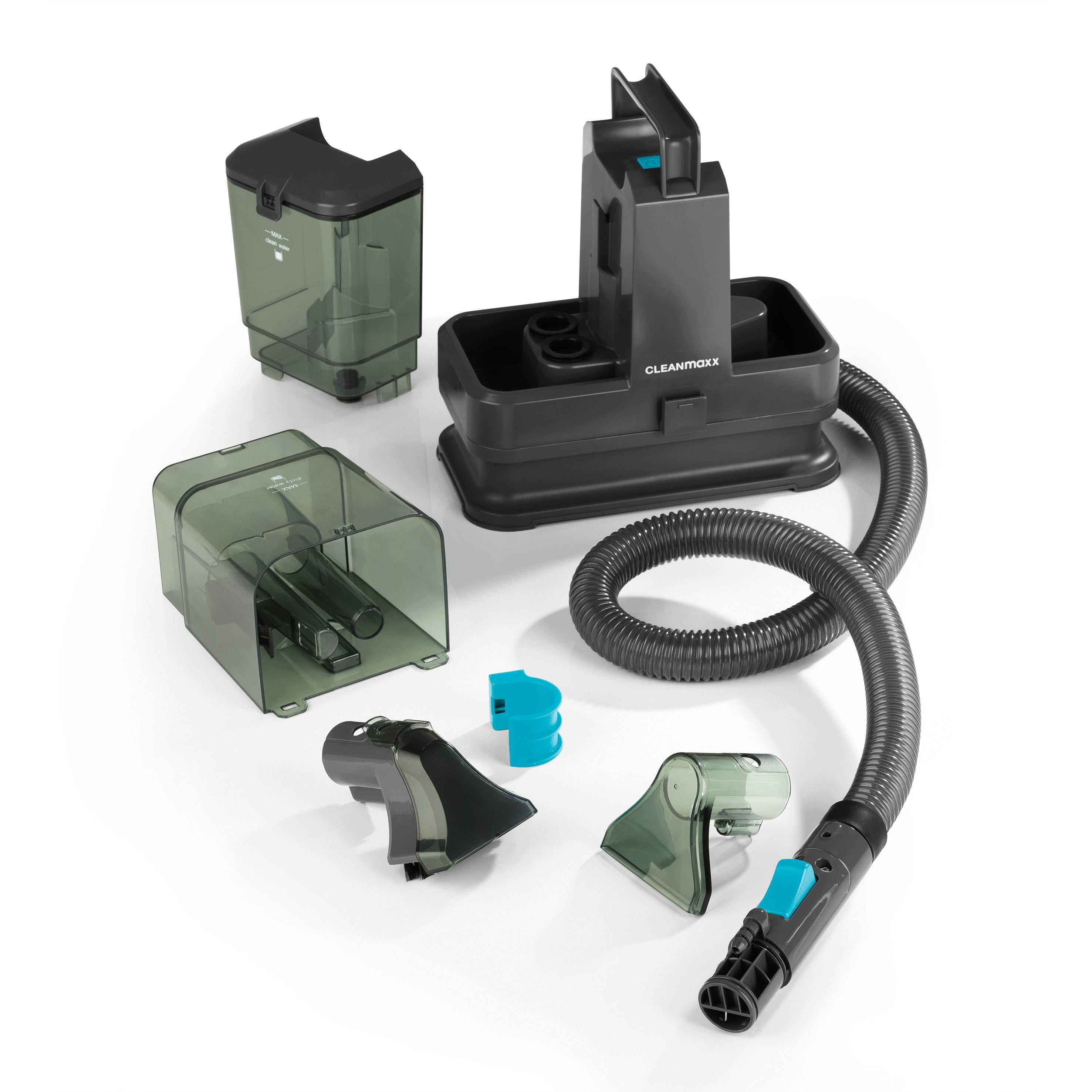Polster- & Teppichreiniger Kompakt - Grau/Blau mit Doppel-Tanks, Schlauch und Düsen für vielseitige Nassreinigung von Polstern und Teppichen.