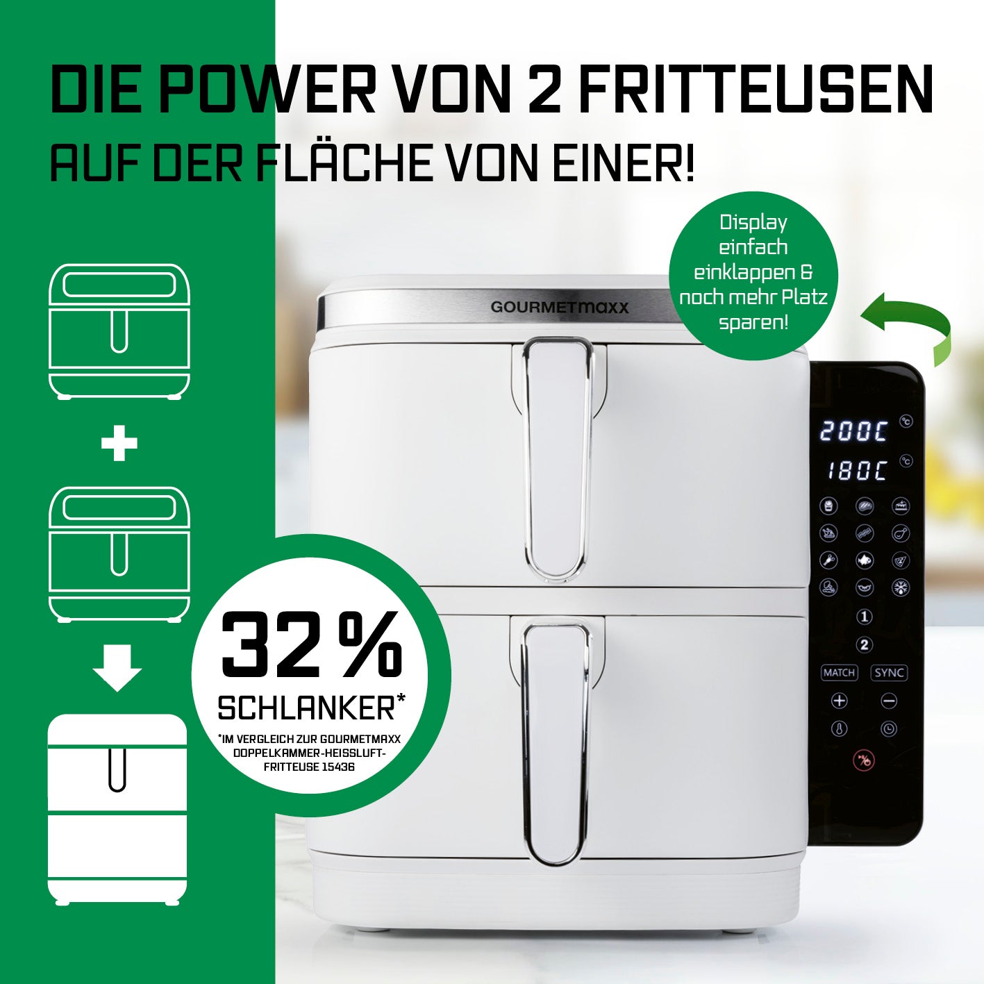 FryUp Vertikale Doppelkammer-Heißluftfritteuse Weiß mit 2 Kammern, 32% schlanker, 10 Liter Volumen und digitalem Display.