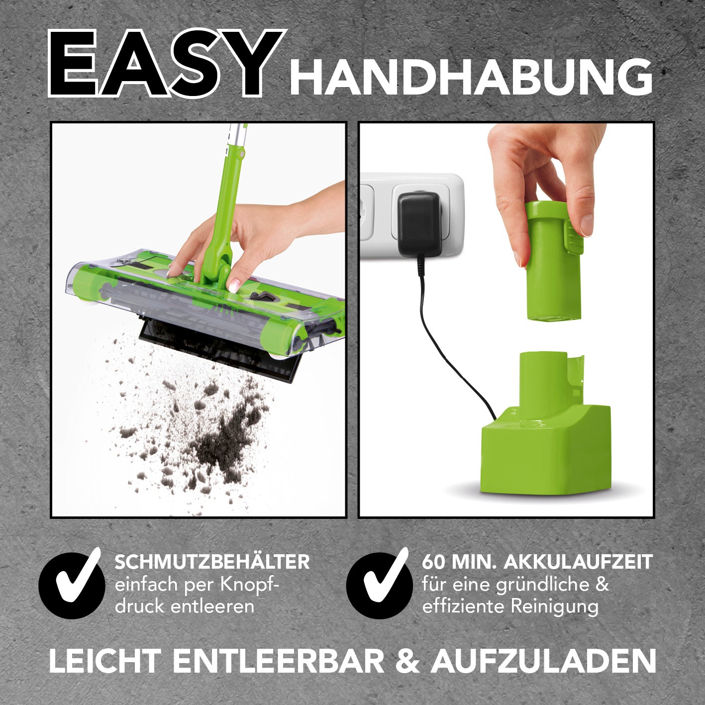 Akku-Besen Swivel Sweeper G2 + Ersatz-Akku limegreen mit leicht entleerbarem Schmutzbehälter und 60 Min. Akkulaufzeit für kabellose Reinigung.