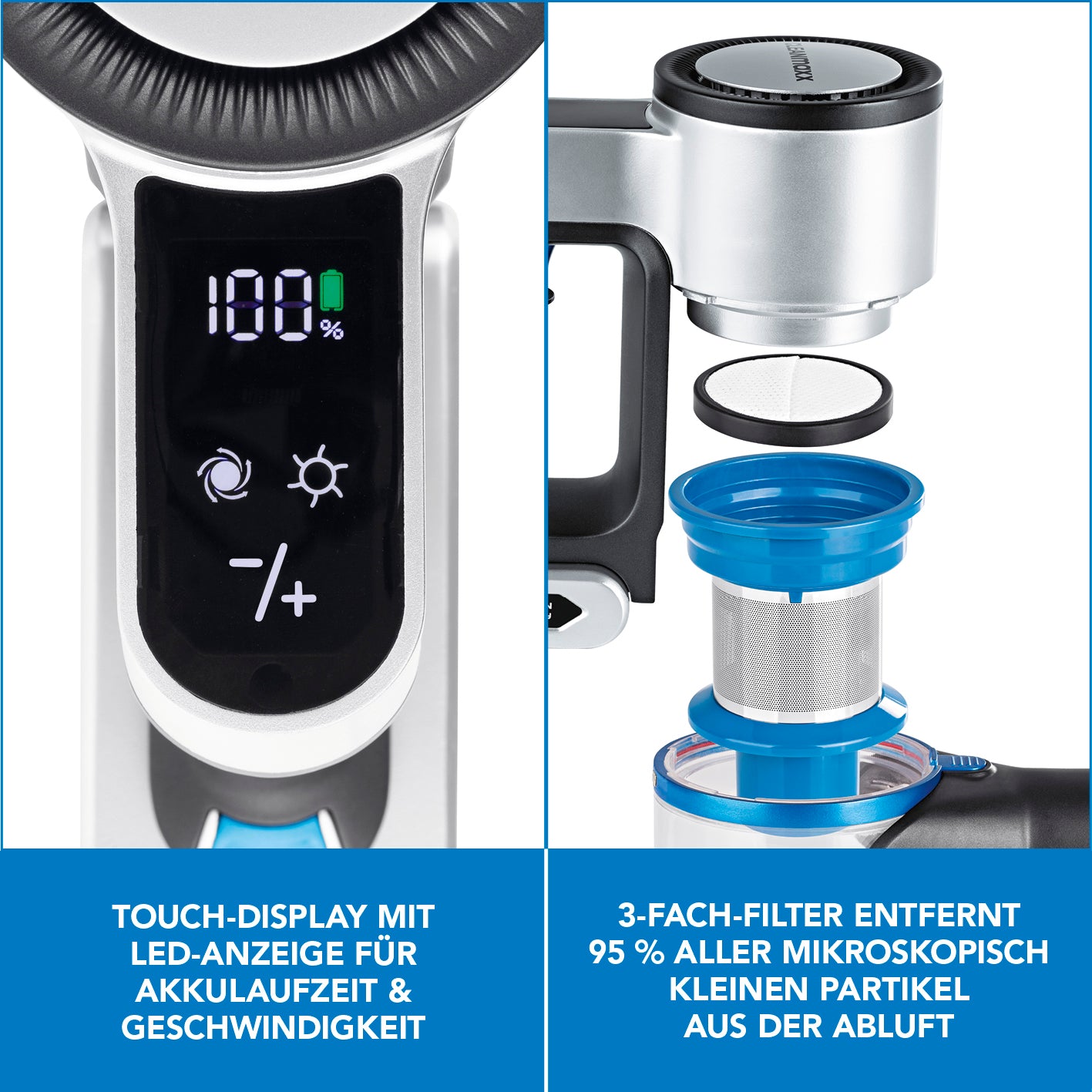Akku-Zyklon-Staubsauger Digital-Display anthrazit/silber/blau mit Touch-Display und 3-Fach-Filter für effektive Partikelentfernung.