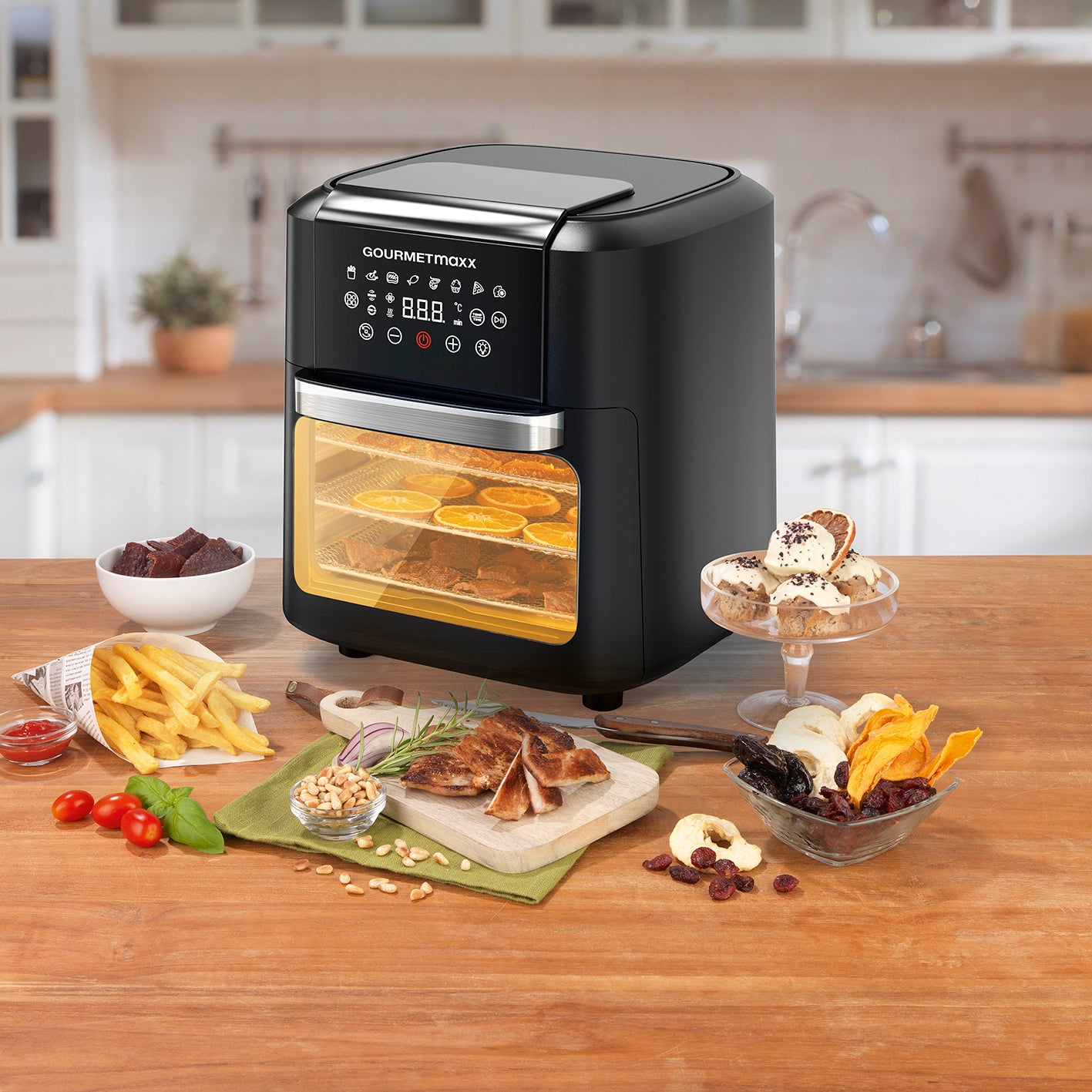 4in1-Heißluftfritteuse mit Touchdisplay - 11 L, XXL-Garraum, fettarmes Garen, Ofen, Grill, Fritteuse und Dörrautomat in modernem Design.