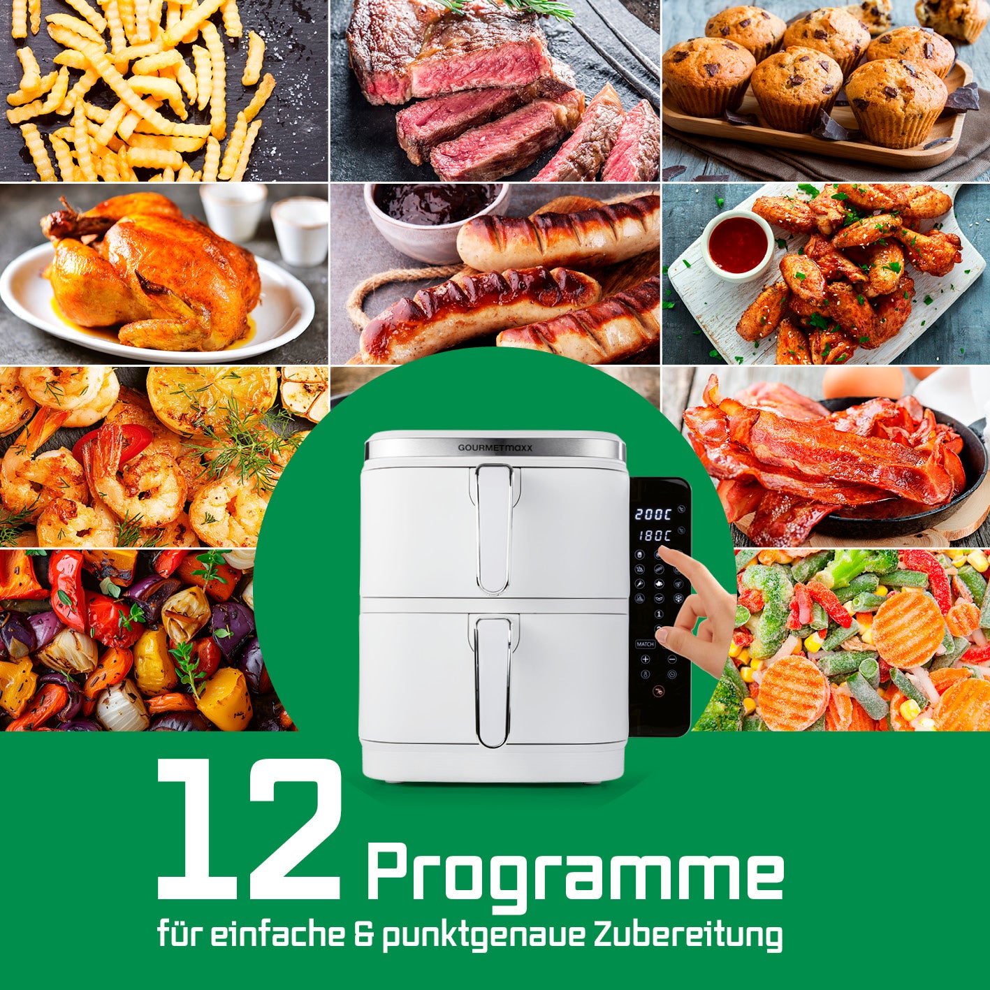 FryUp Vertikale Doppelkammer-Heißluftfritteuse - Weiß mit 12 Programmen für vielseitige und einfache Zubereitung auf 2 Ebenen.