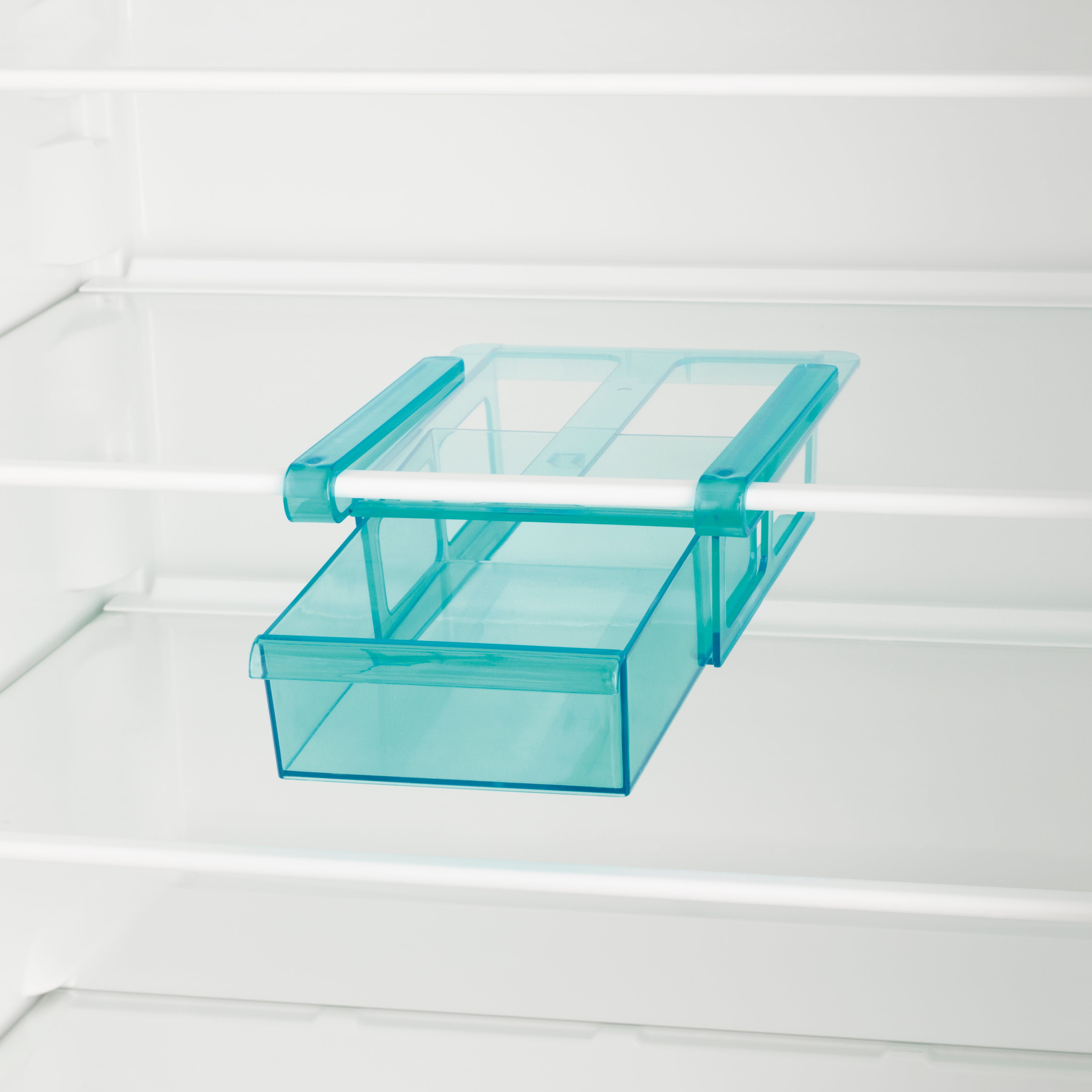 Klemm-Schublade für Kühlschrank - 3er-Set transparent/blau mit Klemmmechanismus und EVA-Pads für einfache Anbringung und saubere Aufbewahrung.