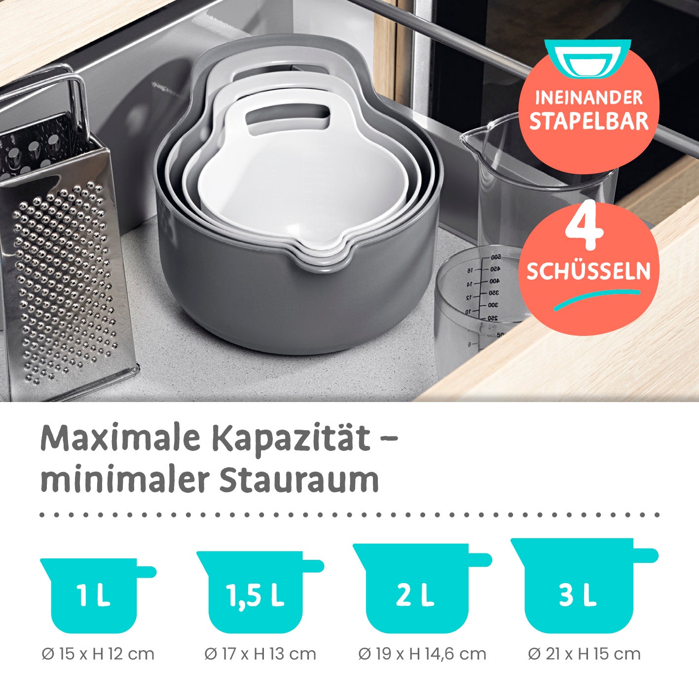 Schüssel-Set 4-tlg. in 4 Größen, stapelbar mit Ausgießer und rutschfestem Boden, ideal für Küche und Backen.
