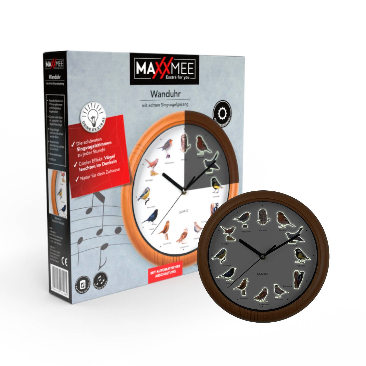 Wanduhr mit Vogelstimmen - 25cm mit Singvogelmotiven, naturgetreuen Lauten und fluoreszierenden Vögeln für Nachtbetrieb.