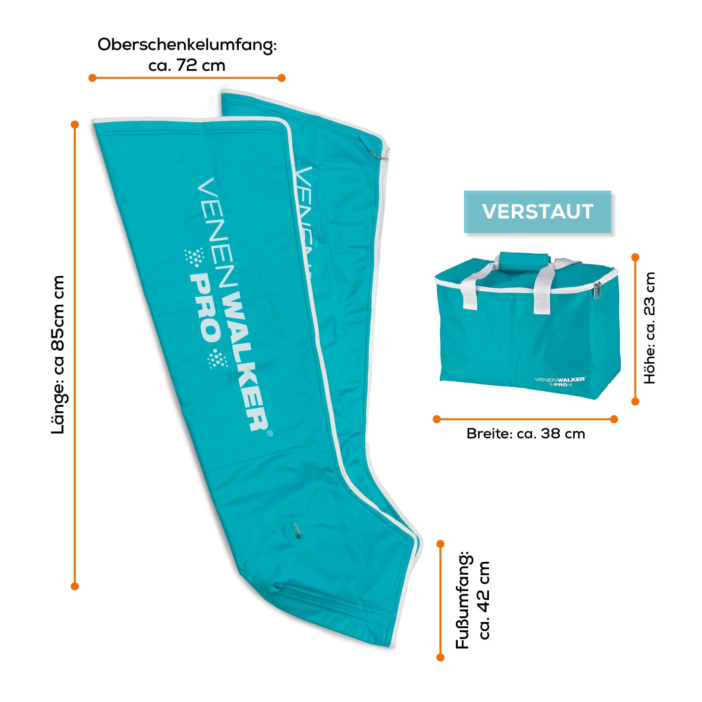 Therapiegerät VenenWalker Pro2 Kompressionsmanschetten mit Maßen und Transporttasche zur Behandlung von Venenleiden.