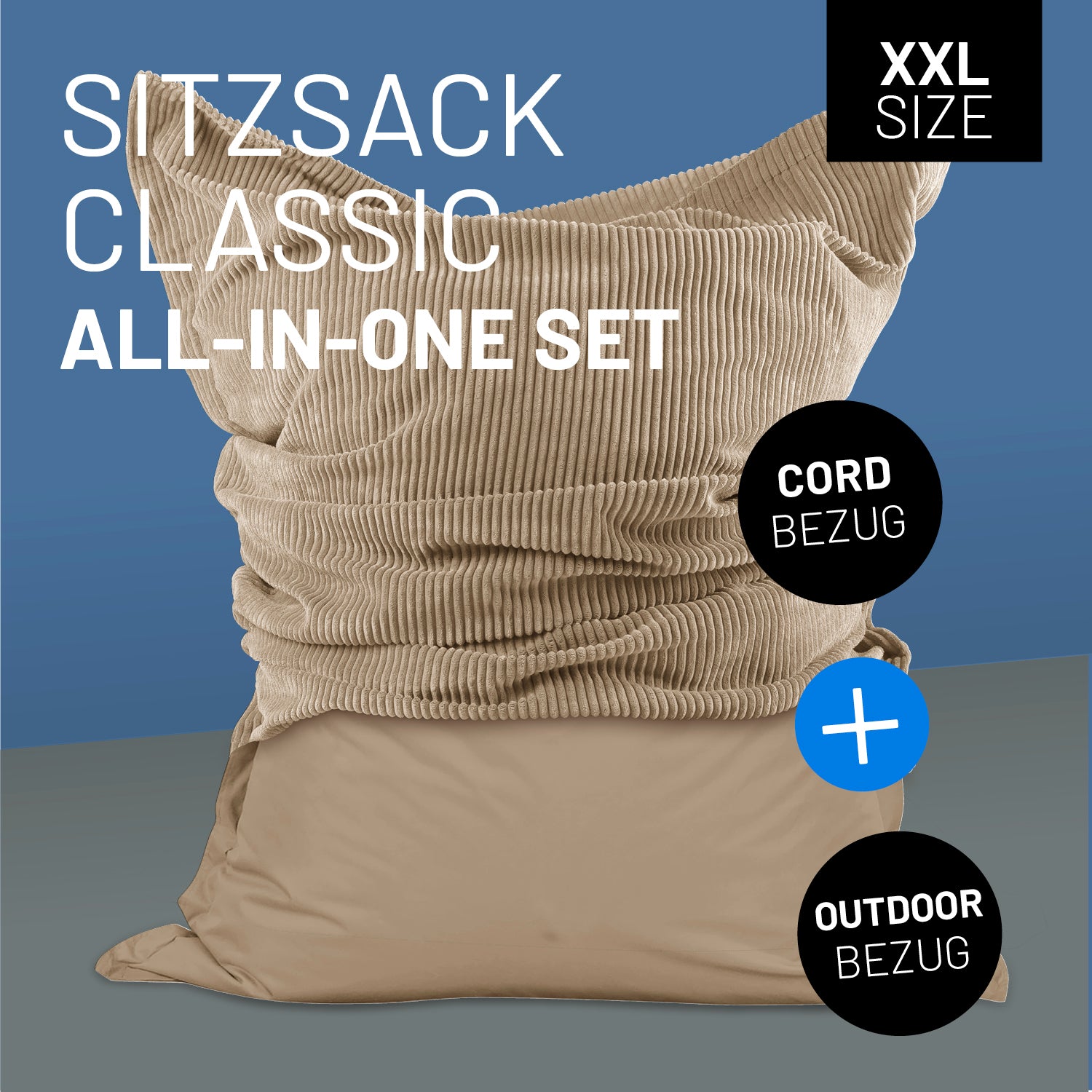 Sitzsack Classic XXL All-in-One Set 380 L 140 x 180 cm Beige mit Indoor-Cord- und wetterfestem Outdoor-Bezug