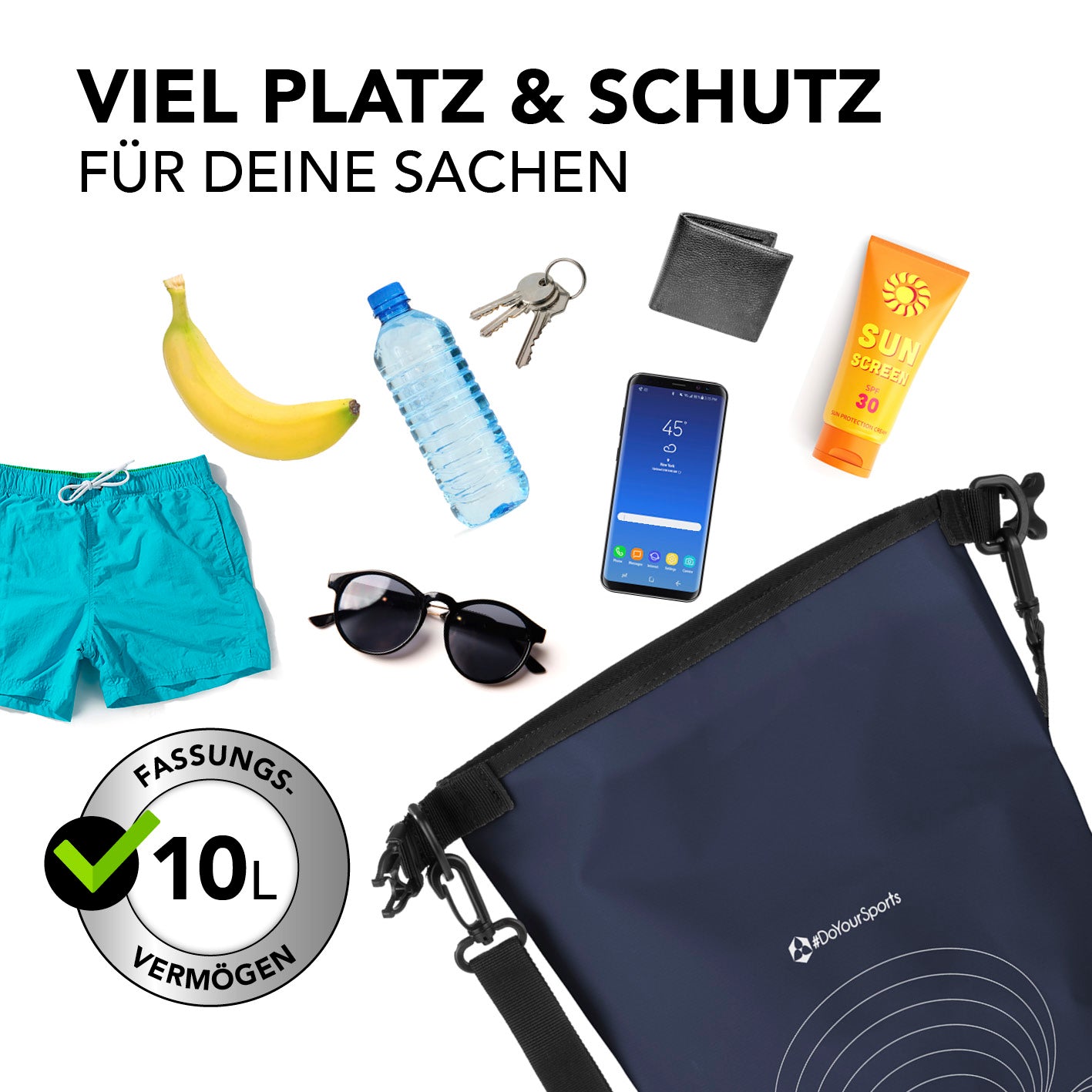 Dry Bag 10L - Dunkelblau wasserdichter Rucksack mit 10L Volumen für Outdoor Abenteuer, Schutz für Handy, Geldbörse und mehr.