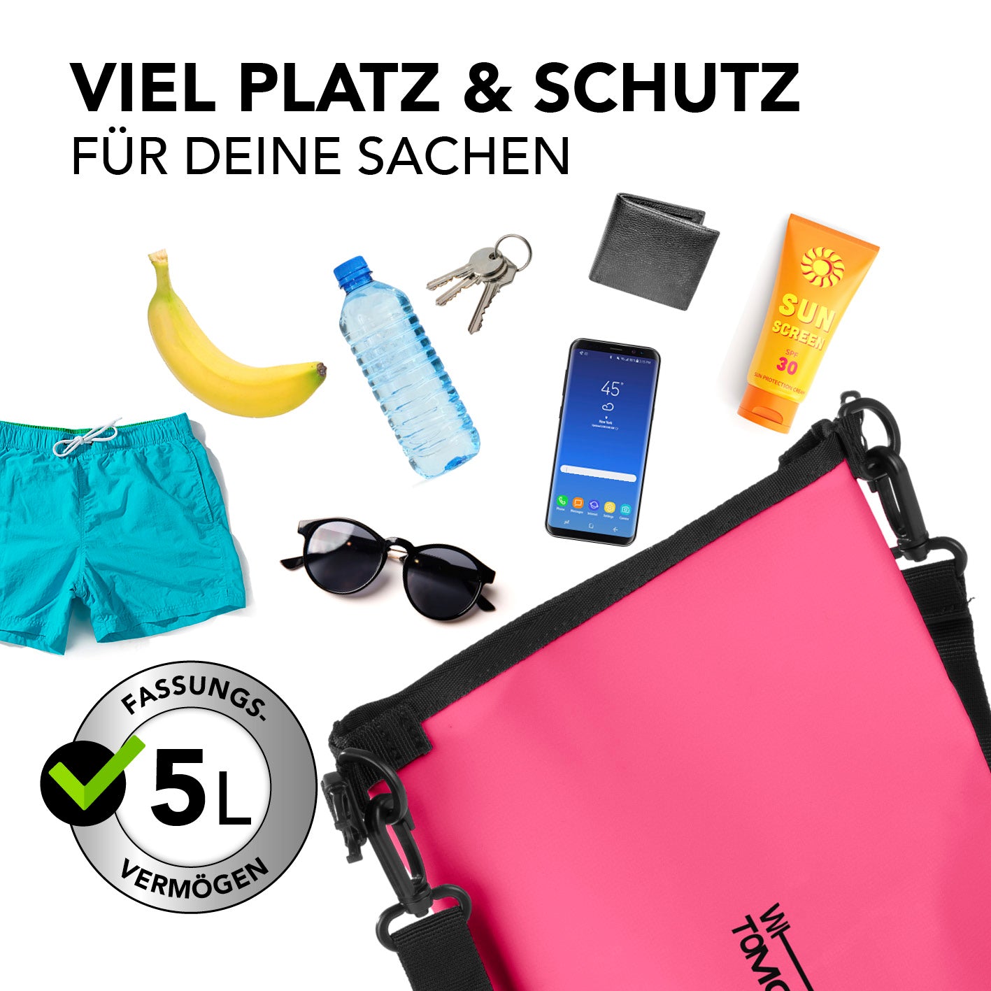 Dry Bag 5L - Style 02 - Pink, wasserdichter Outdoor-Rucksack mit 5L Fassungsvermögen, robust und ideal für Wertsachen und Abenteuer.
