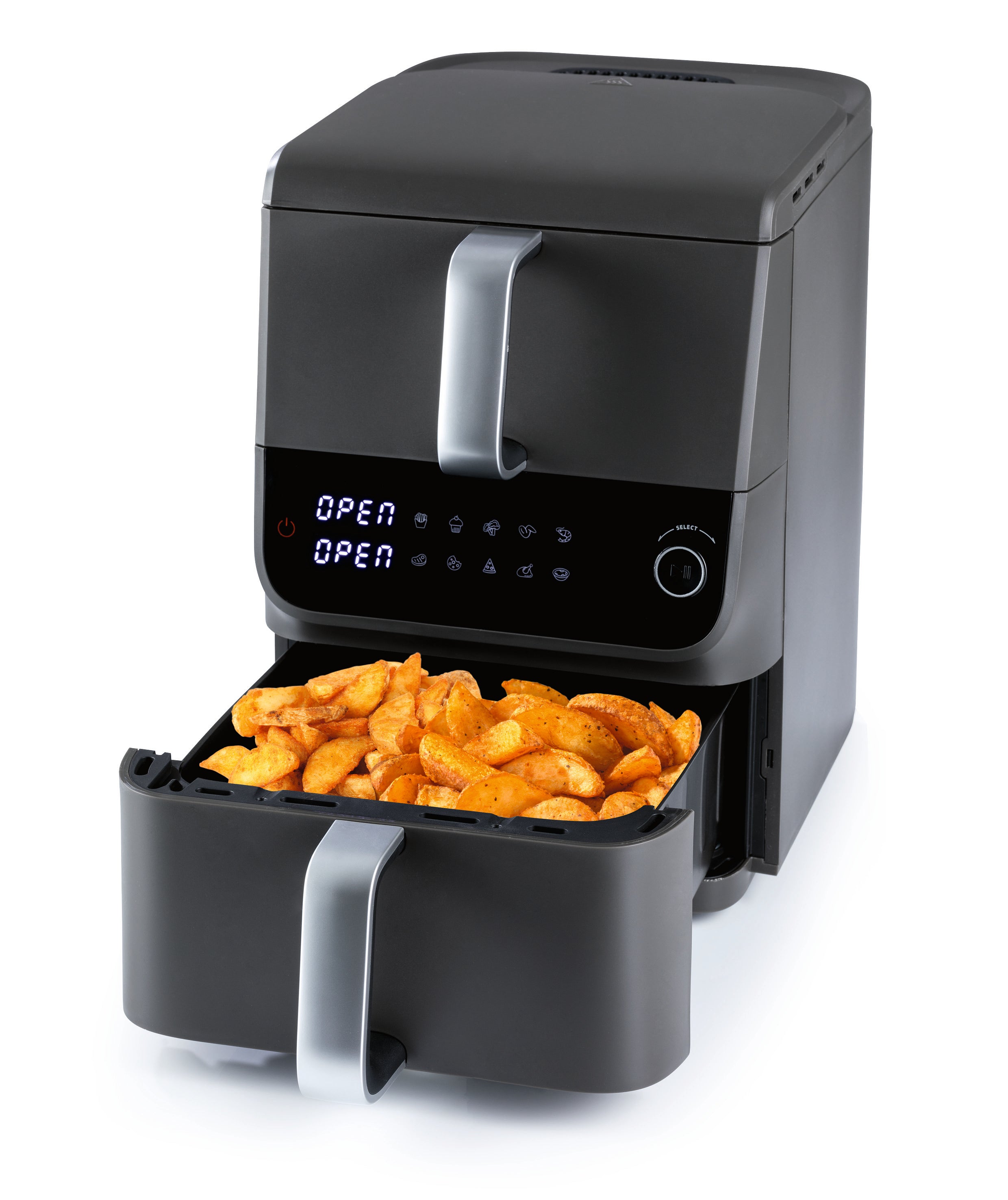 Moderne Vertikale Doppelkammer-Heißluftfritteuse MultiSize - 10 L mit großem Fassungsvermögen und digitalem Bedienfeld, geöffnet mit Kartoffelspalten.