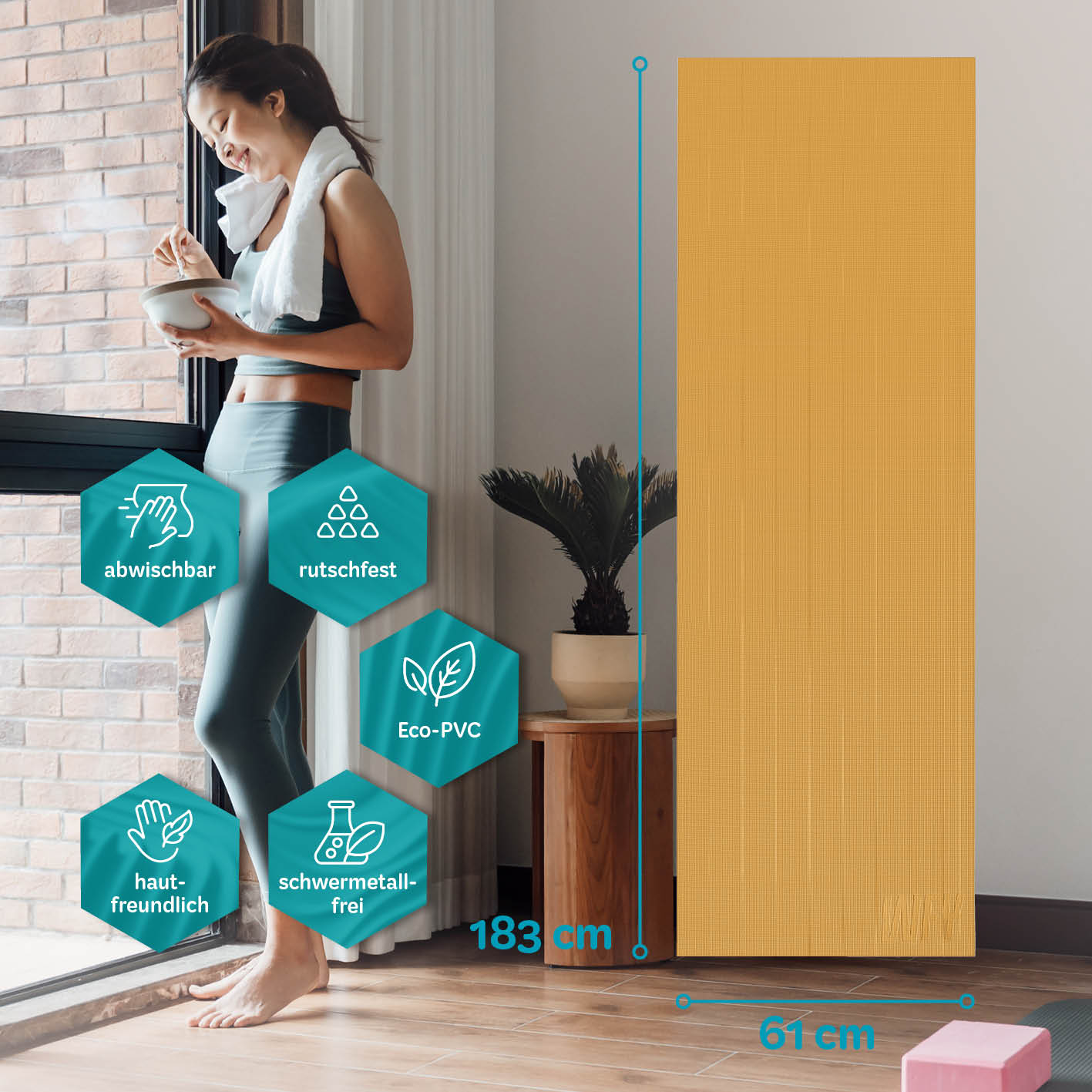 Yogamatte Kirana - 183 x 61 x 0,4 cm - Curry, weich, rutschfest, hautfreundlich, abwischbar, aus hochwertigem Eco-PVC.