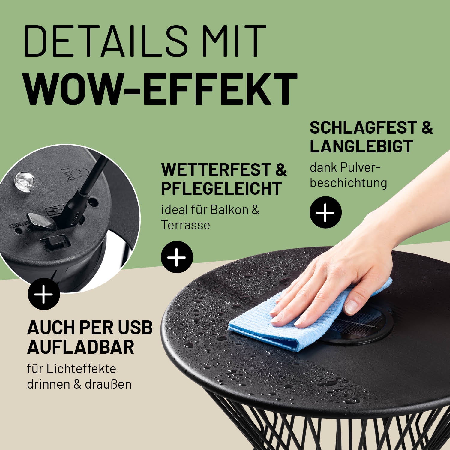 Beistelltisch 40x40 cm mit LED, wetterfest, pulverbeschichtet, USB aufladbar, ideal für Balkon, Terrasse, Innen- und Außenbereich.
