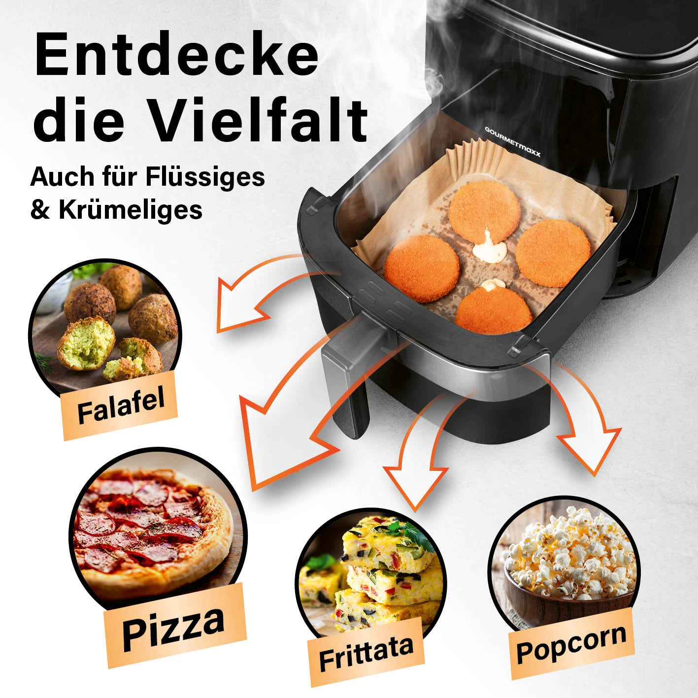 Backpapierschalen für Heißluftfritteusen (5–8 l) als hitzebeständige, antihaftbeschichtete und fettabweisende Schalen für vielseitige Snacks.