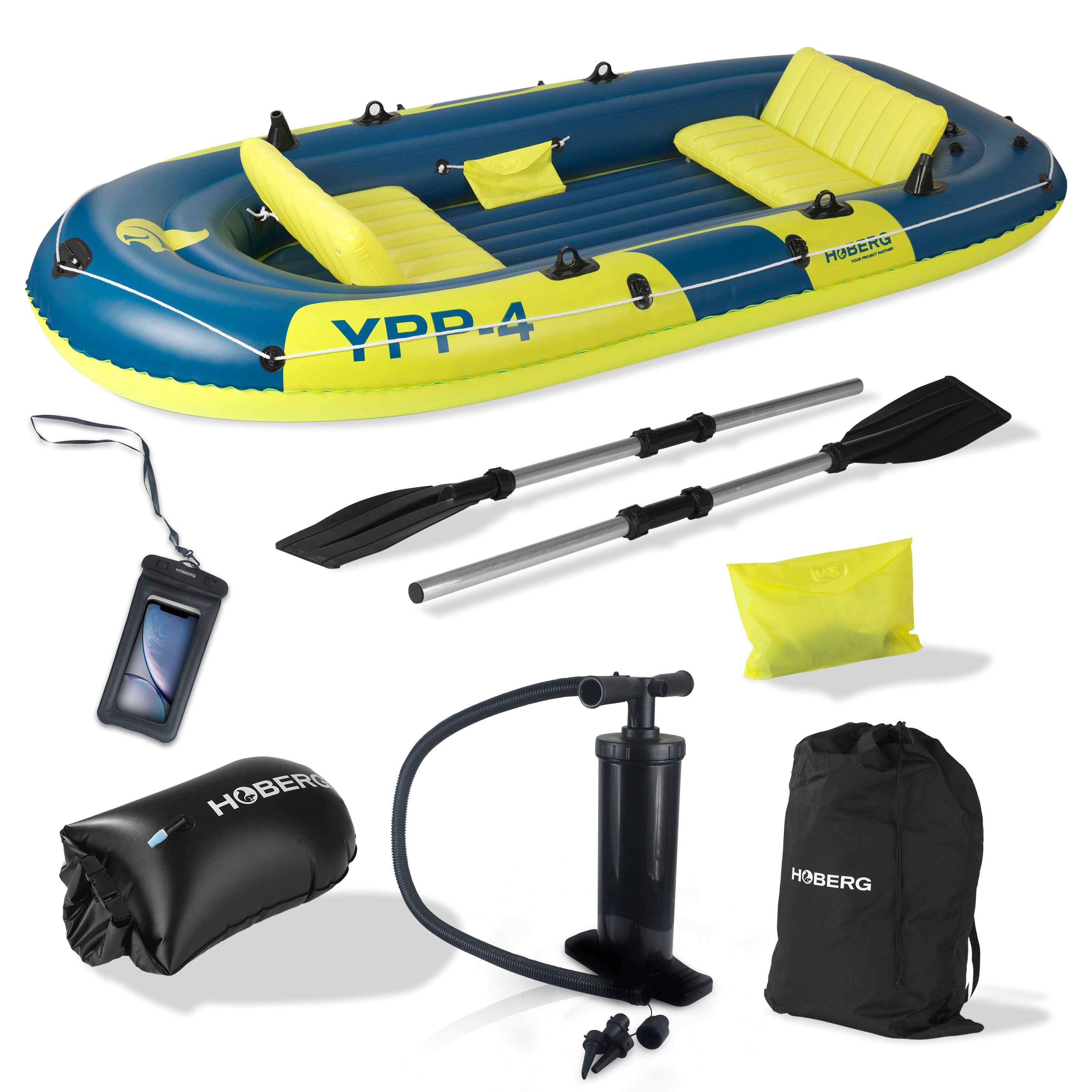 4-Sitzer Schlauchboot "YPP-4" mit 2 Sitzbänken, Paddeln, Trockensack, Reparatur-Kit und Luftpumpe für bis zu 4 Personen.