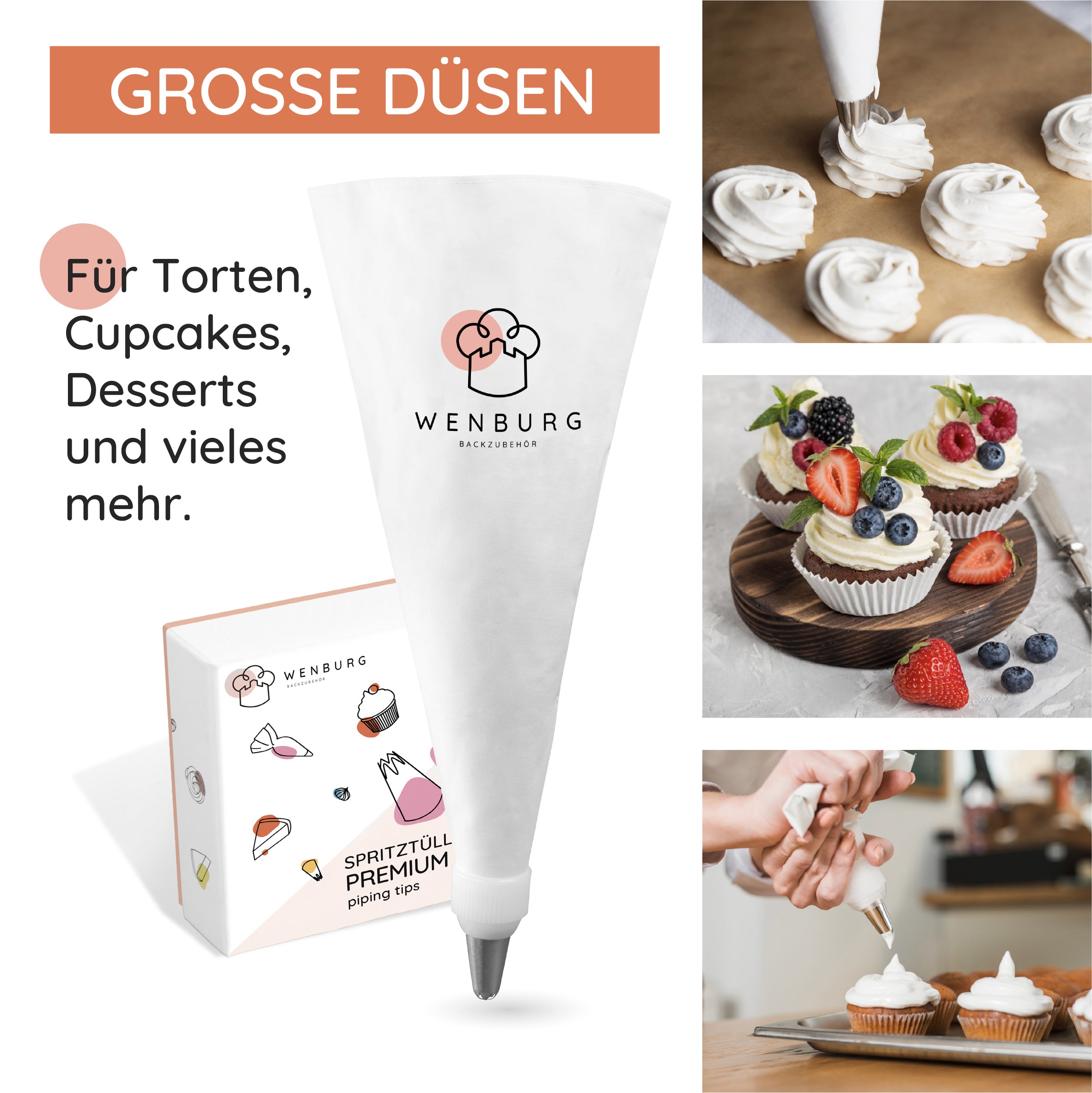 Spritzbeutel mit Tüllen - 12-tlg. Set mit stabilen Edelstahl-Düsen zum Verzieren von Torten, Cupcakes und Desserts.