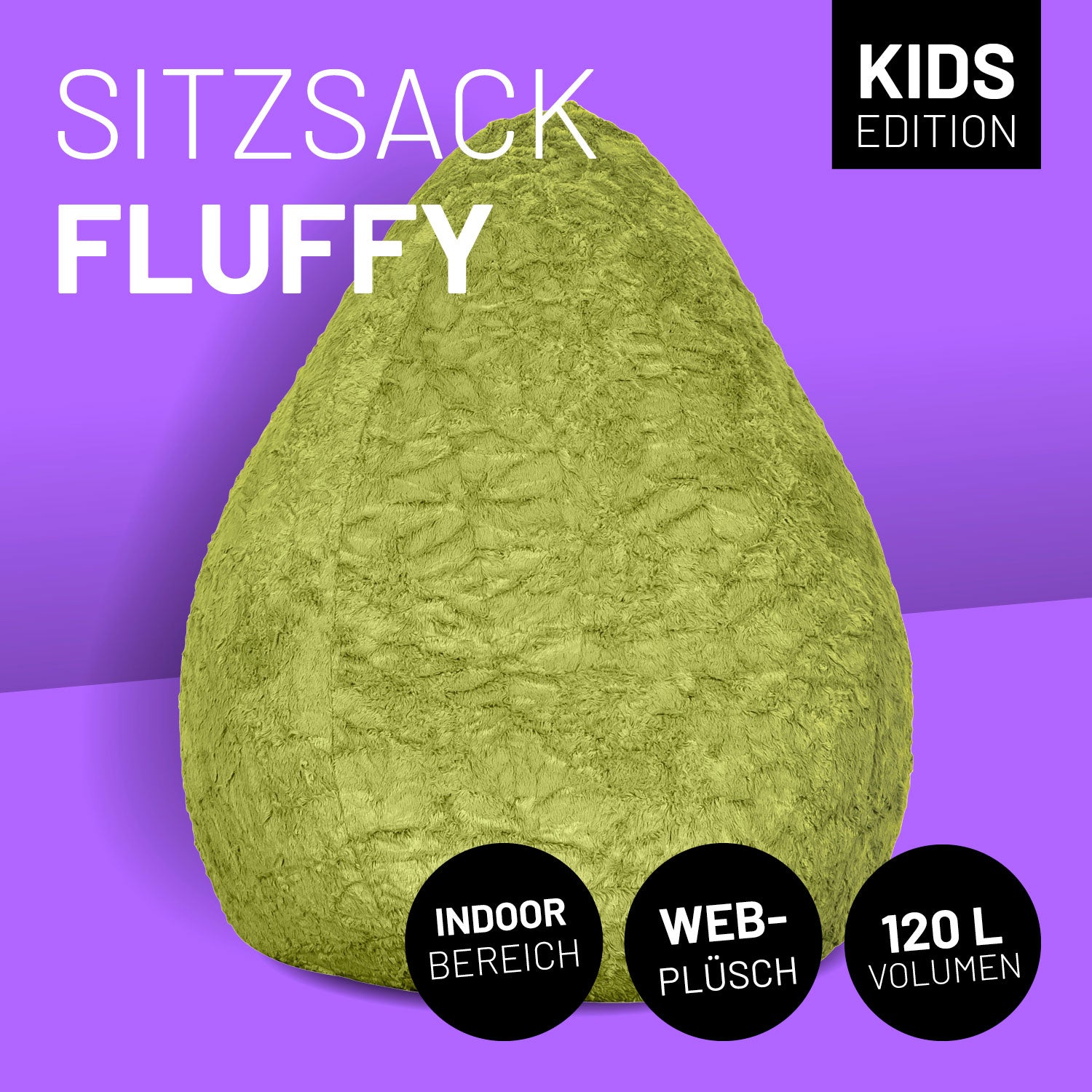 Luxury Fluffy Sitzsack (120 L) Grün, weicher Webplüsch, robust, geruchsneutral, ideale Sitzgelegenheit für Indoor-Bereich.