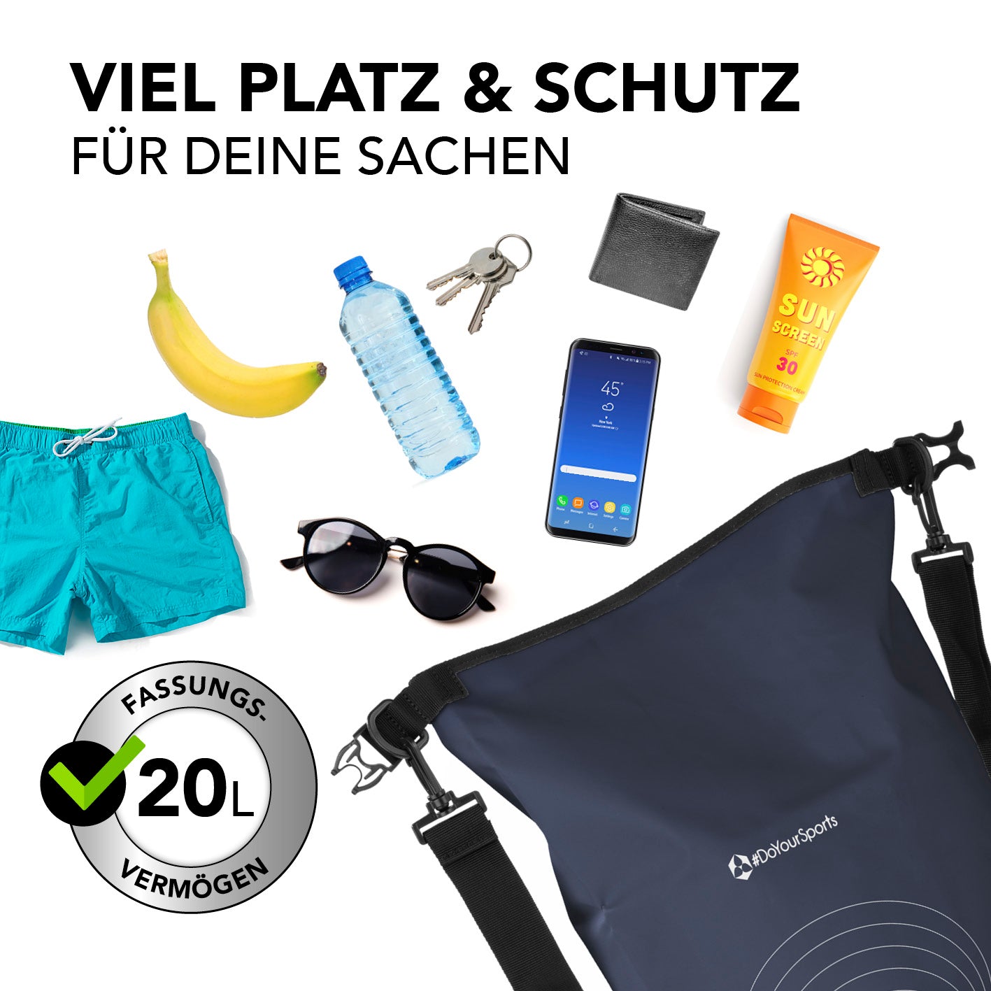 Dry Bag 20L - Dunkelblau, wasserdichter Outdoor-Rucksack mit 20 Liter Fassungsvermögen und robustem Rolltop-Verschluss für sicheren Schutz.