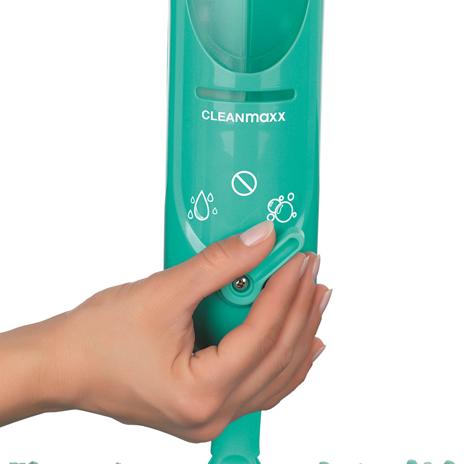 Spray-Mopp 2 Kammer-System türkis mit 2 abnehmbaren Reinigungsmittel-Behältern und doppelseitigen Mikrofaser-Reinigungstüchern.