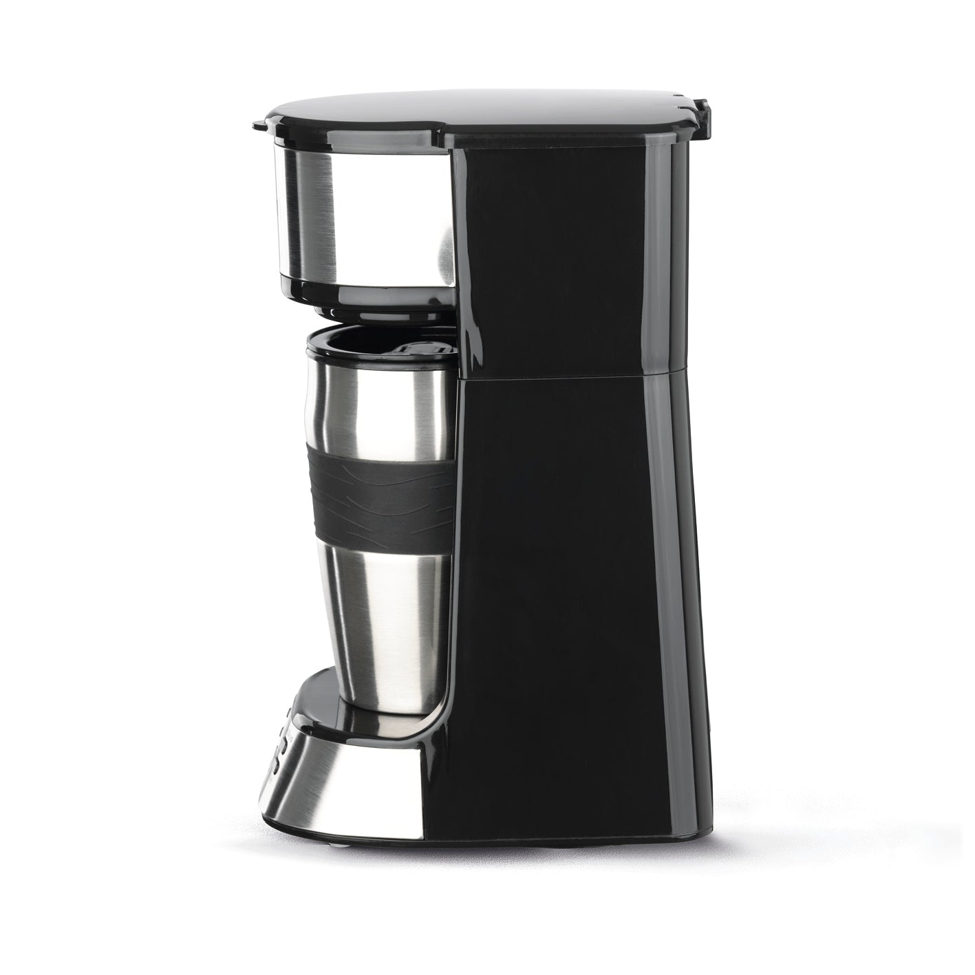 Single-Kaffeemaschine Thermo2Go - 750 Watt - Edelstahl/schwarz mit To-go-Becher, 24-Stunden-Timer und Permanentfilter.