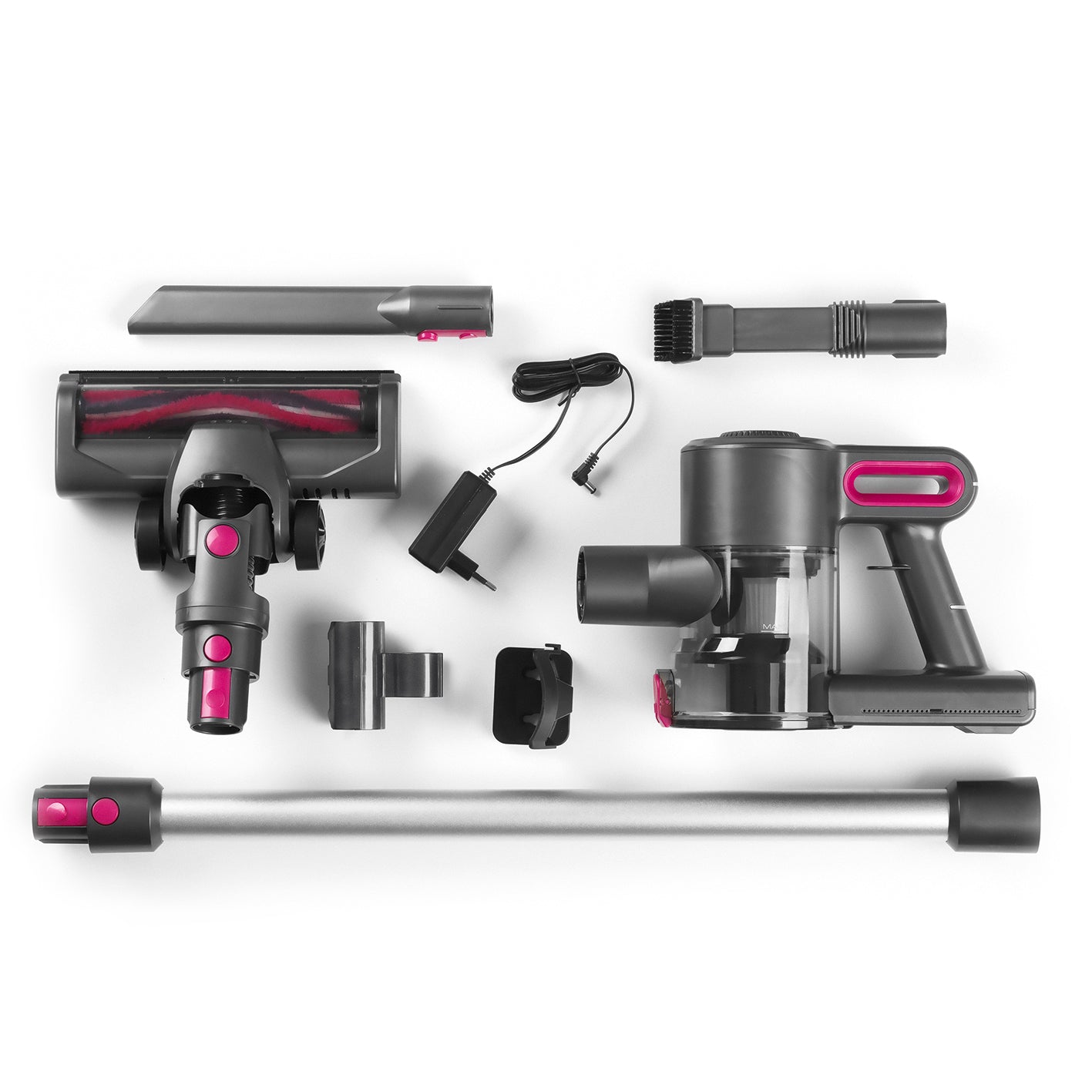 Akku-Zyklon-Staubsauger - Verlängerungsrohr bis ca. 80 cm, anthrazit/pink, inkl. Spezialdüsen, Akku und Ladekabel.