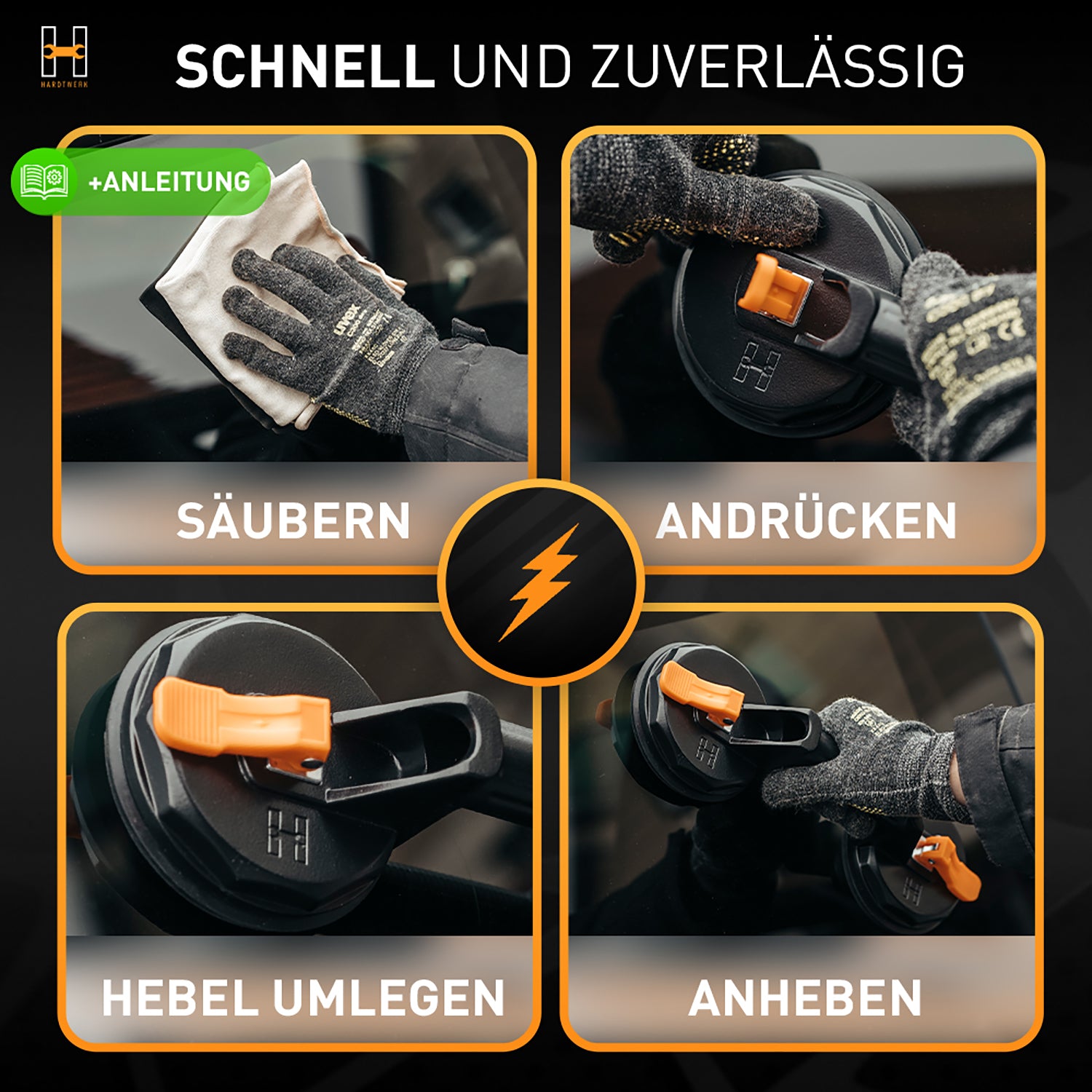 Multifunktionaler Saugheber - 2er Set zeigt Reinigung, Andrücken, Hebel umlegen und Anheben für vielseitige Nutzung.