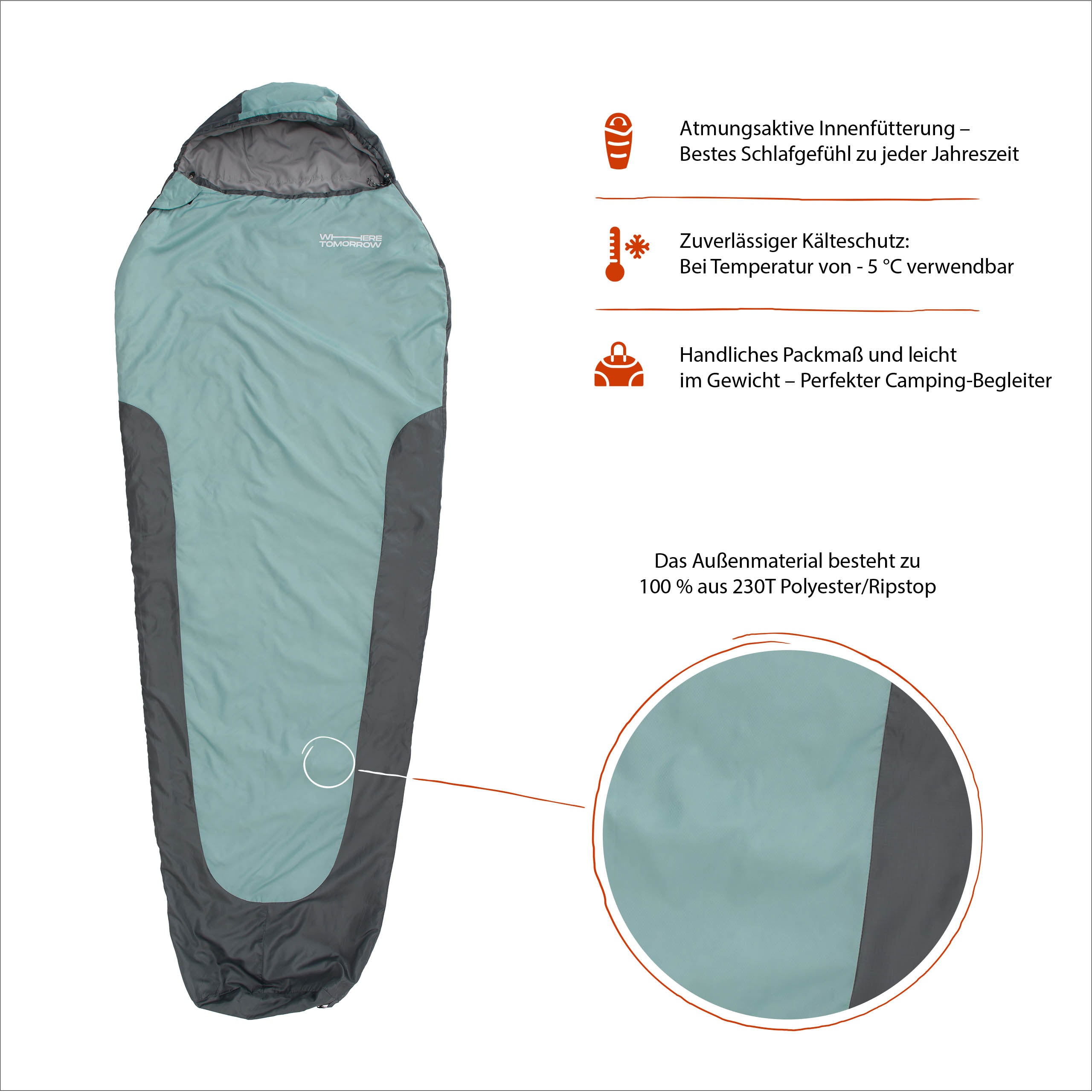 Schlafsack Small & Light Mumienschlafsack wasserabweisend, atmungsaktiv, Kälteschutz bis -5 °C, leicht mit Packmaß und Kissenfach, Hellblau-Grau.