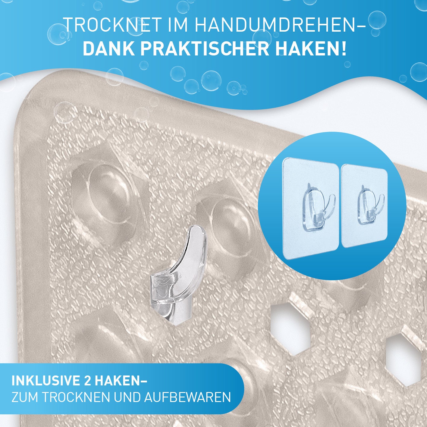 Badewannenmatte 88 x 40 cm – Hellgrau mit Saugnäpfen und zwei Haken zum einfachen Trocknen und Verstauen.