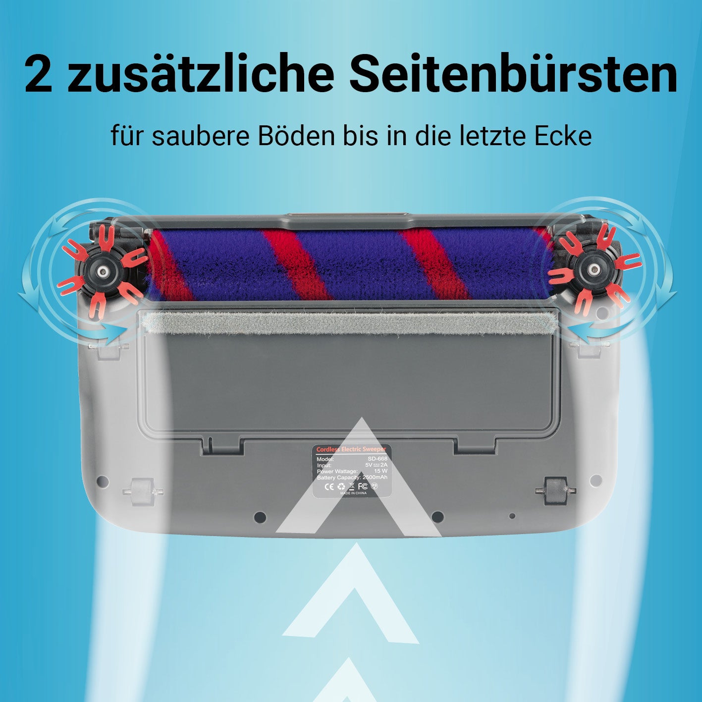 Akkubesen mit LED-Beleuchtung zeigt 2 zusätzliche Seitenbürsten für gründliche Reinigung bis in die letzte Ecke.