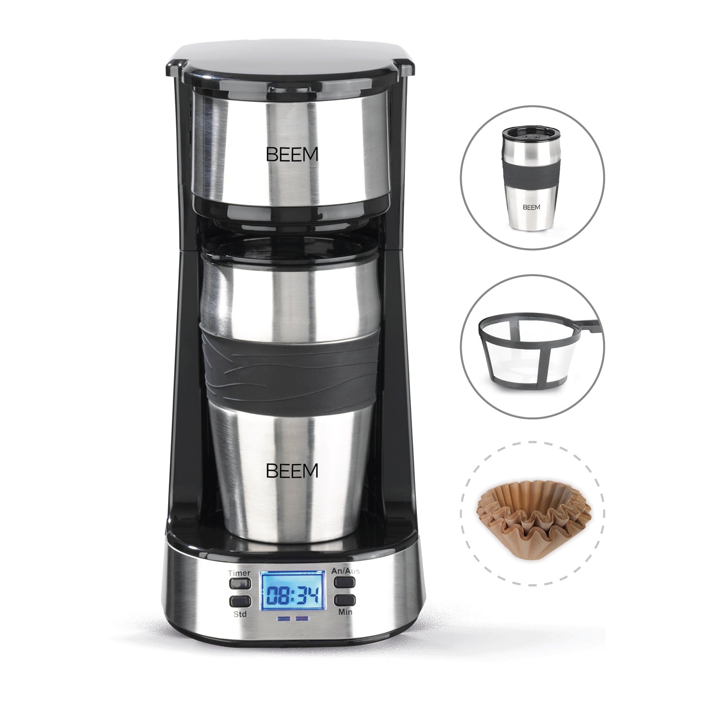 Single-Kaffeemaschine Thermo2Go - 750 Watt - Edelstahl/schwarz mit Timer, Thermobecher und Permanentfilter für Kaffee to go.