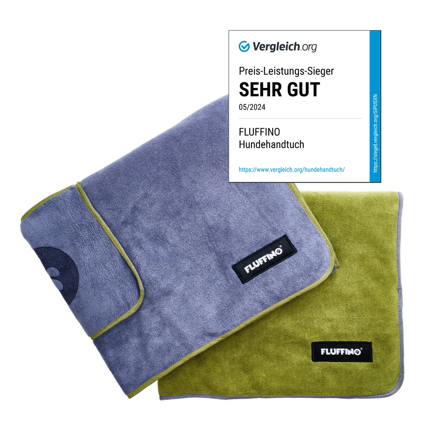 Hundehandtuch Mikrofaser – 2er-Pack Grau & Grün, extra saugfähig, schnell trocknend, mit Handtaschen, pflegeleicht, für große und kleine Hunde.