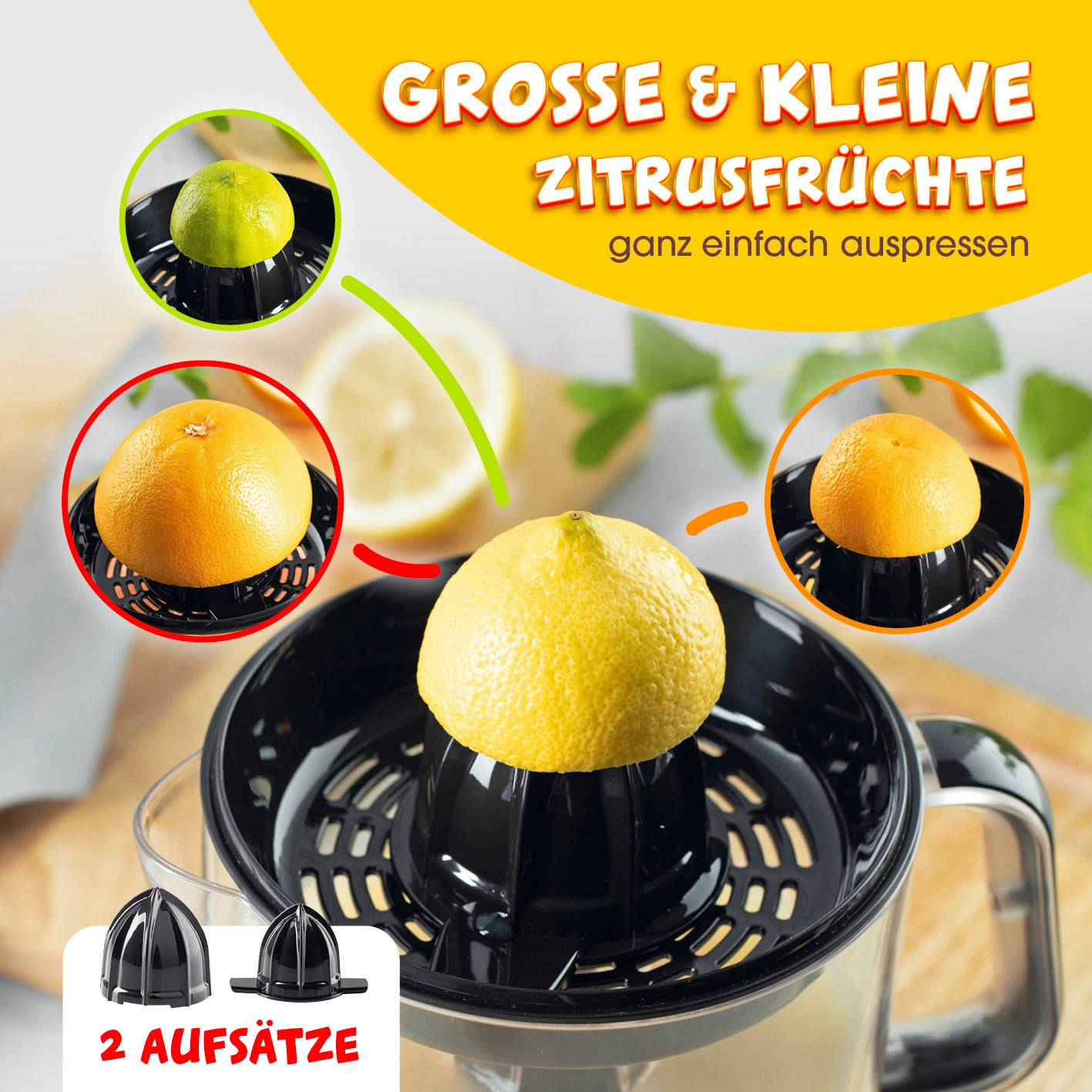 Zitruspresse 0,7l - Edelstahl mit 2 Aufsätzen zum einfachen Auspressen großer und kleiner Zitrusfrüchte wie Orangen und Limetten