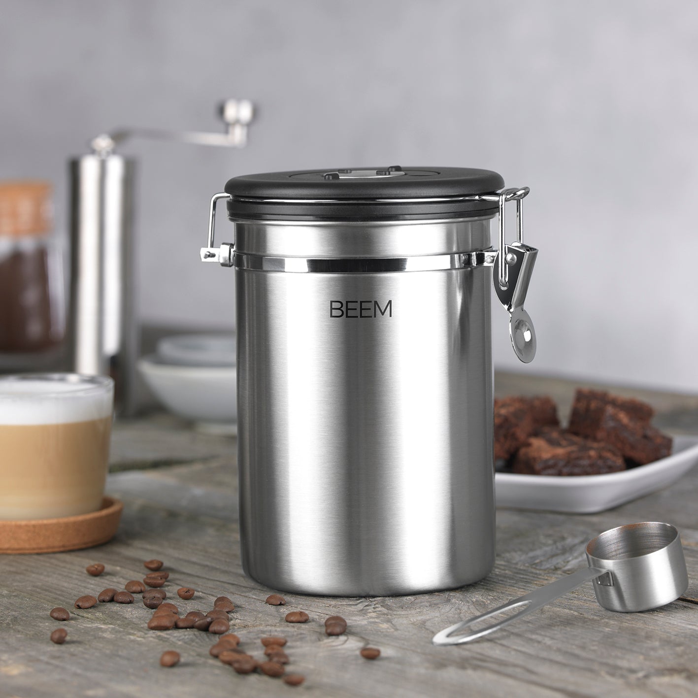KAFFEEDOSE Vorratsdose mit Dosierlöffel - 1,9 l aus Edelstahl mit luftdichtem Bügelverschluss und Frischeschutzventil.