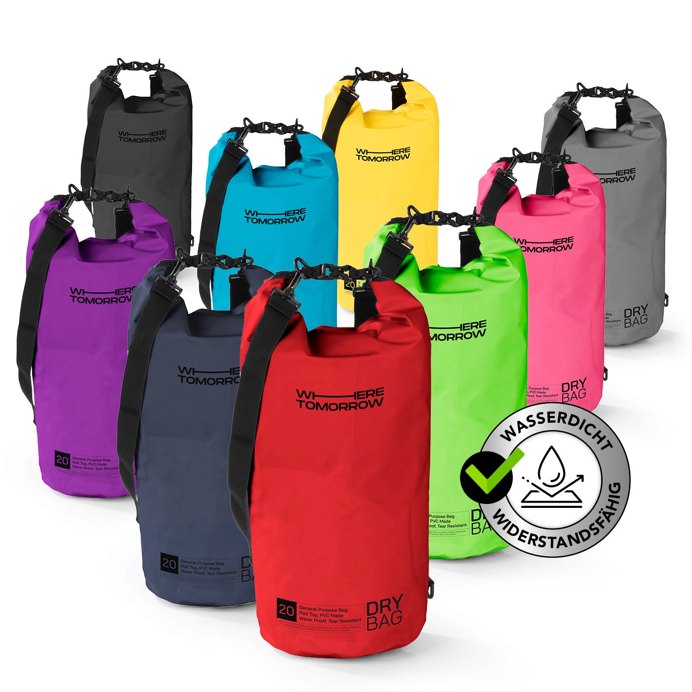 Dry Bag 20L - Style 01 - Rot, wasserdichter und robuster Outdoor-Rucksack mit Rolltop-Verschluss und verstellbarem Schultergurt.