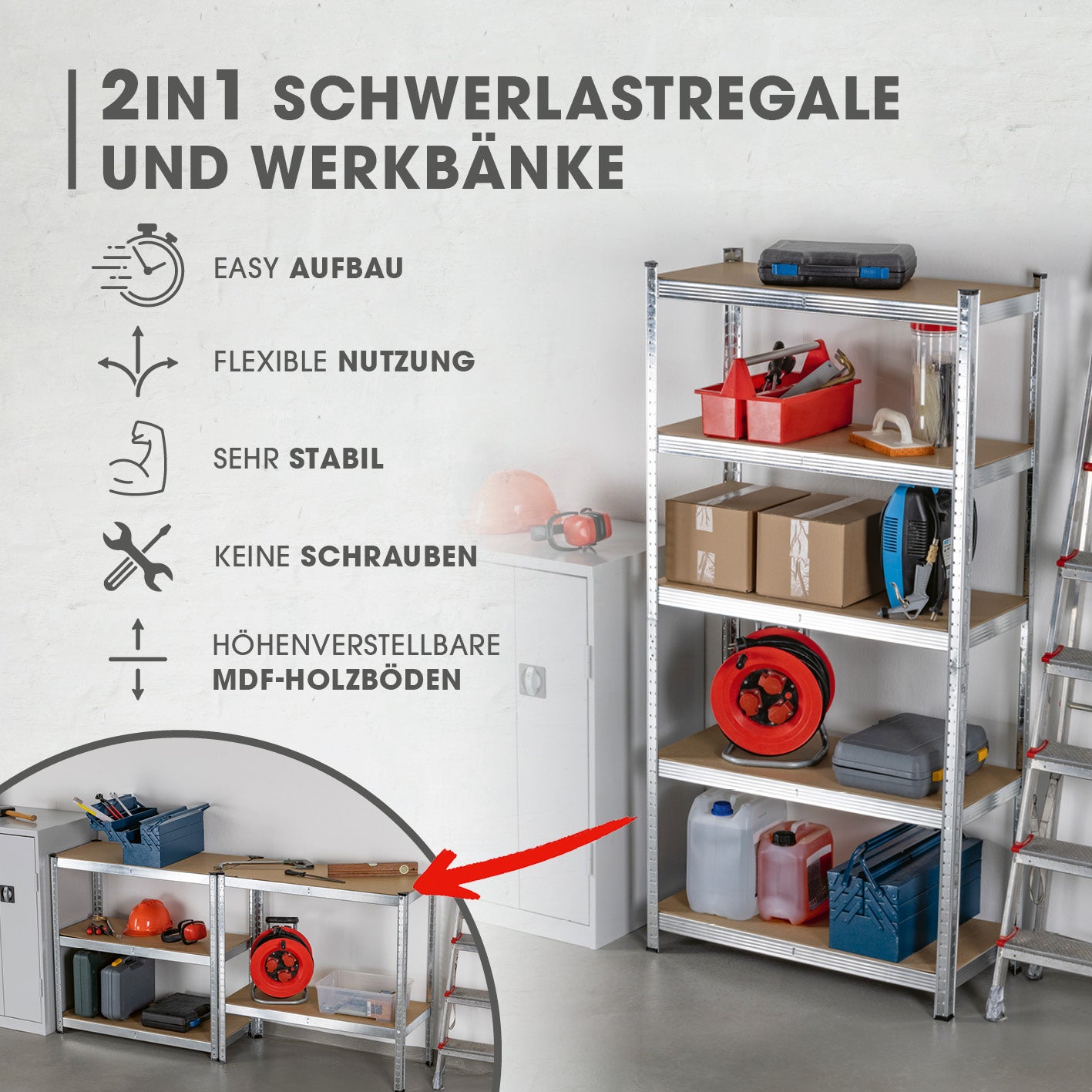 Schwerlastregal & Werkbank - 180 x 90 x 40 cm, 875 kg Traglast, 5 höhenverstellbare MDF-Ebenen, montagefreundlich ohne Schrauben.