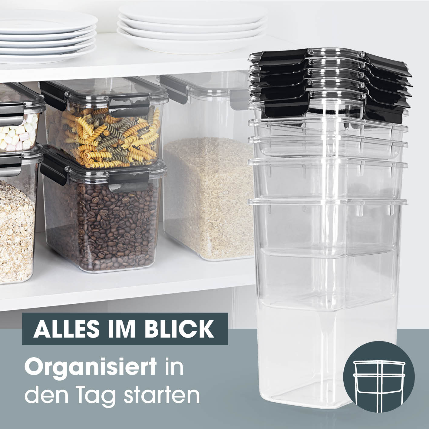 Frischhaltedosen Klick-it - 10-tlg. - Schwarz, stapelbar, 4-fach-Klickverschluss, spülmaschinen- und gefriergeeignet, luftdicht.
