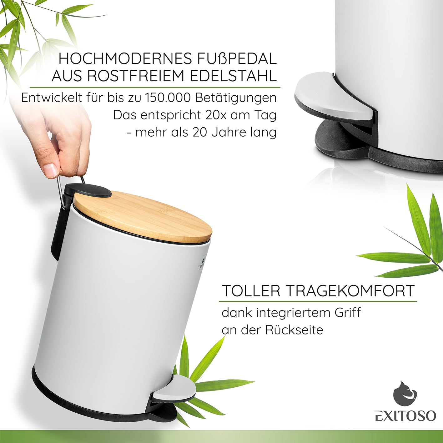 Tretmülleimer mit Softclose-Deckel - 3 l - Weiß mit Edelstahl-Fußpedal, Bambusdeckel und praktischem Tragegriff.